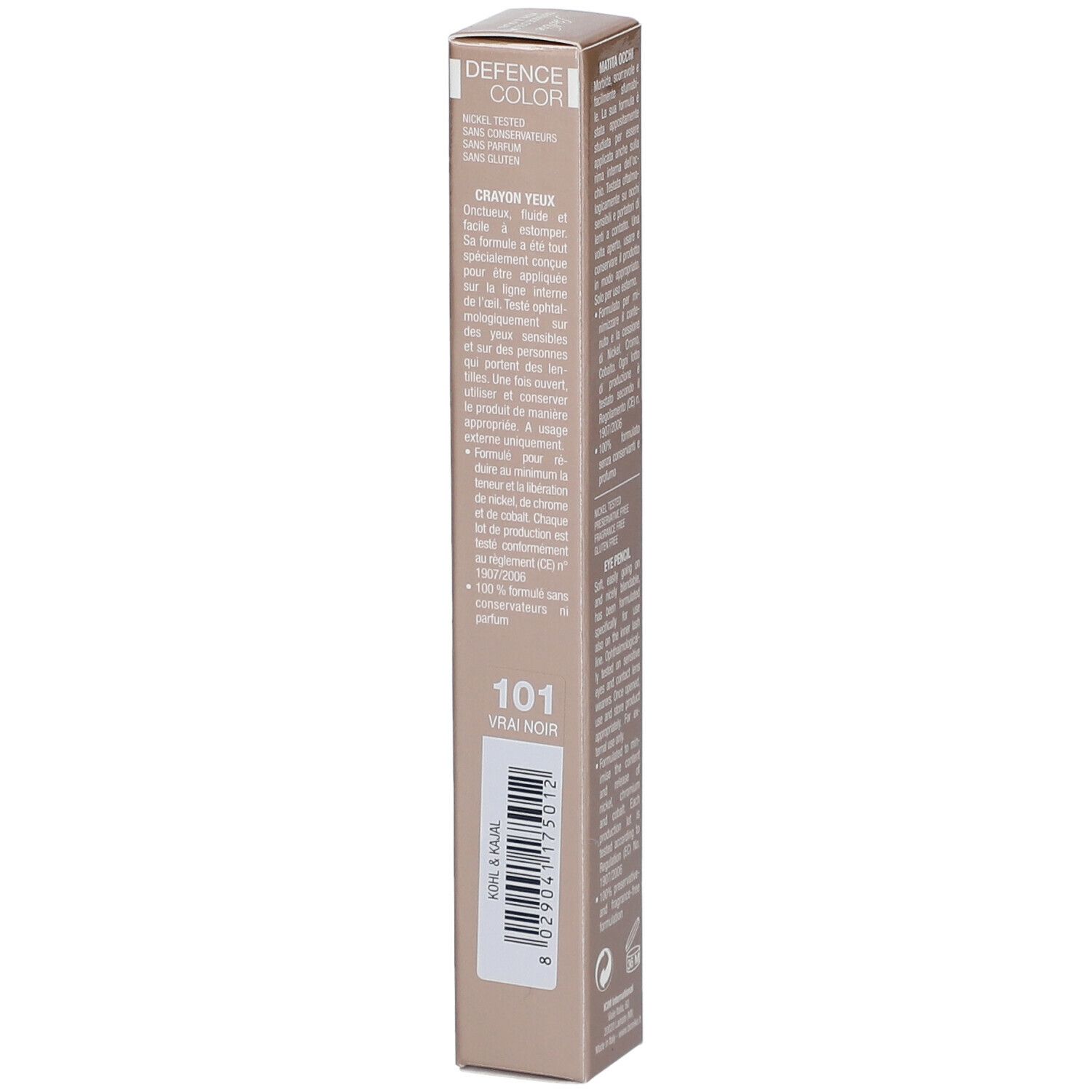 BioNike DEFENCE COLOR KOHL&KAJAL Kajalstift 101. Beige verpakking. Productinformatie en barcode.