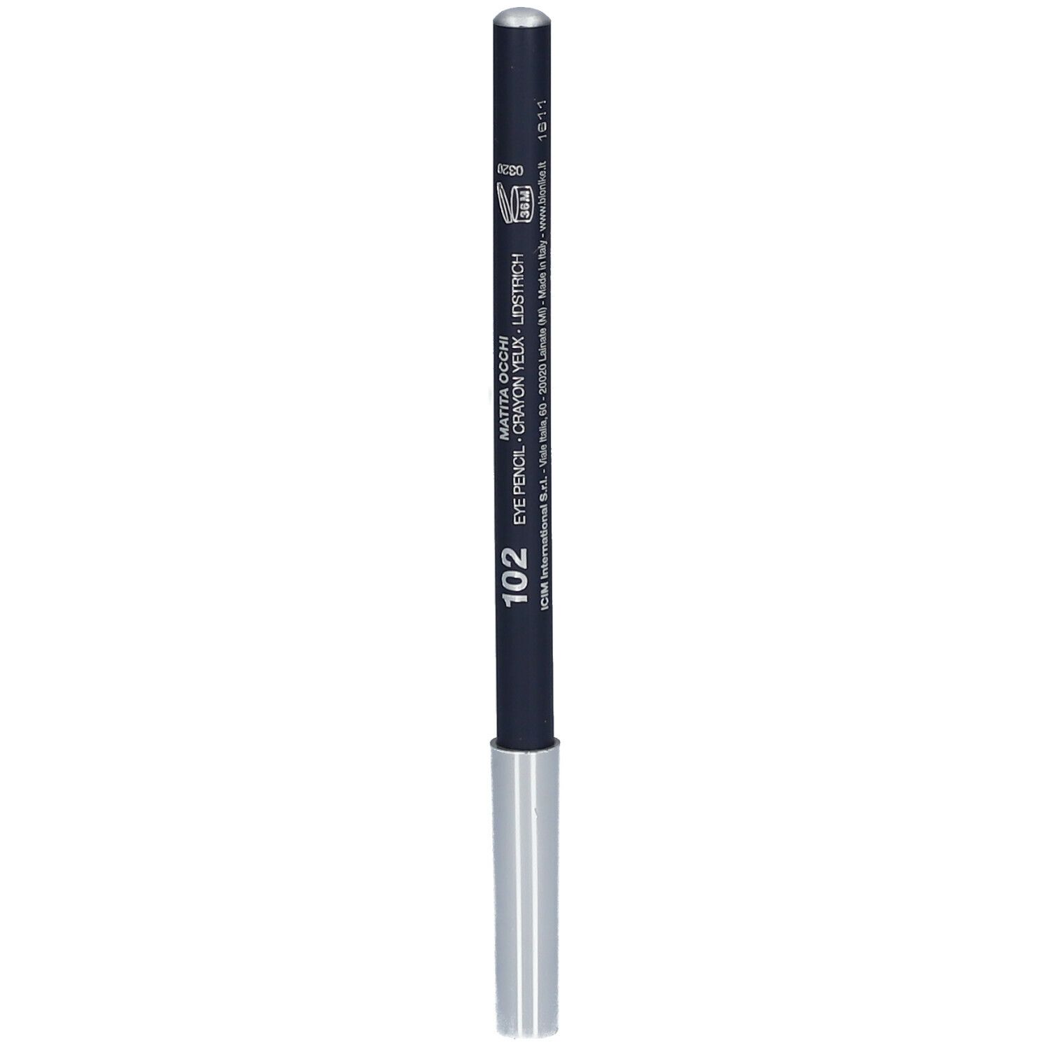 Marineblauer Kajalstift mit silberner Spitze. Aufschrift: 102. Marke BioNike.