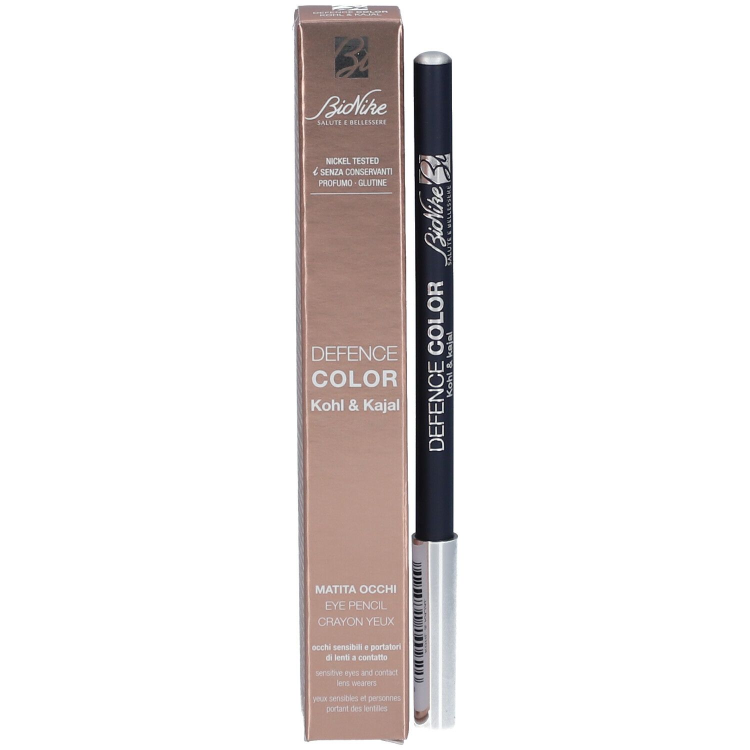 Kajalstift und Verpackung. Verpackung mit Produktname DEFENCE COLOR. Marke BioNike.