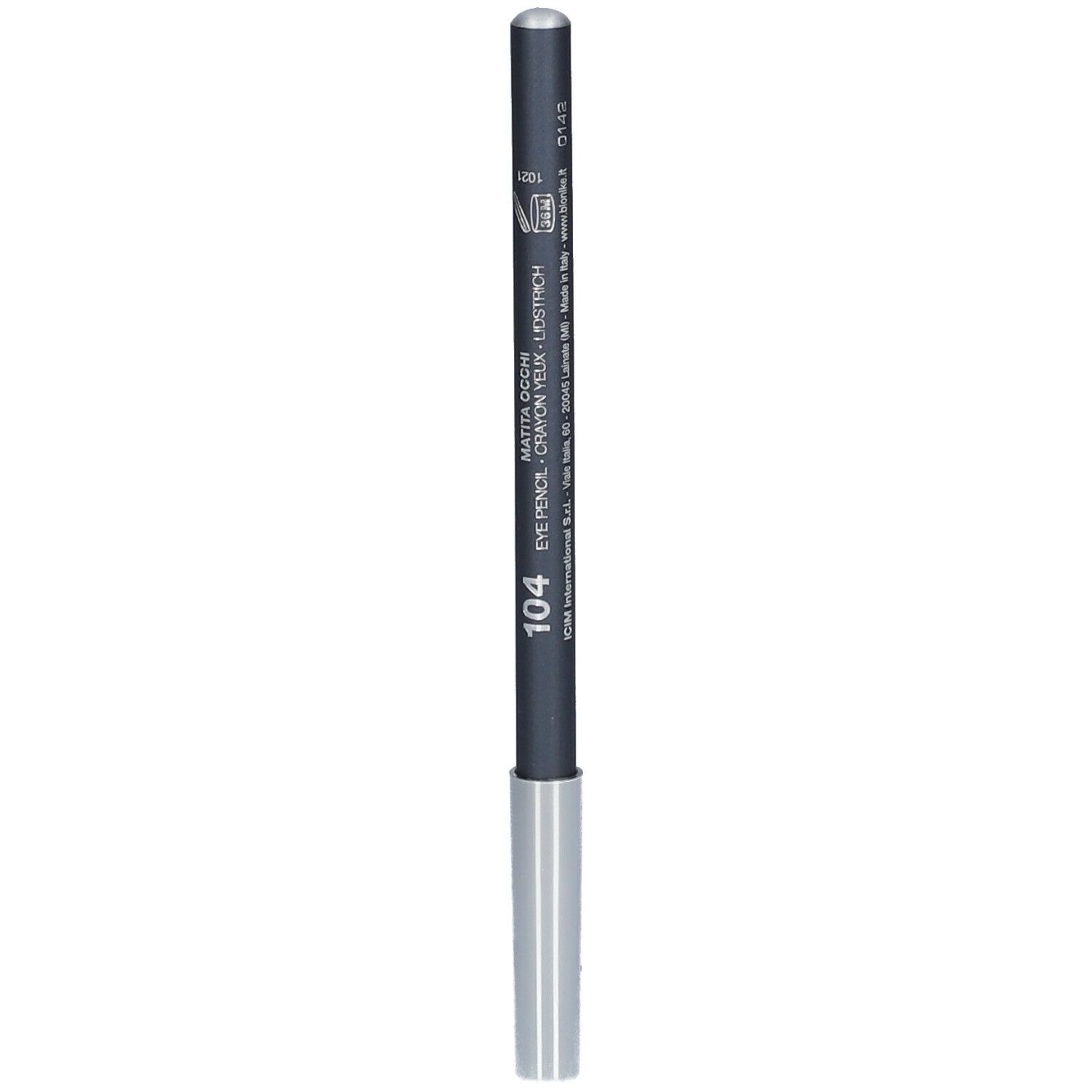 Grijze kohlpotlood met zilveren punt. Opschrift: DEFENCE COLOR Kohl & Kajal.