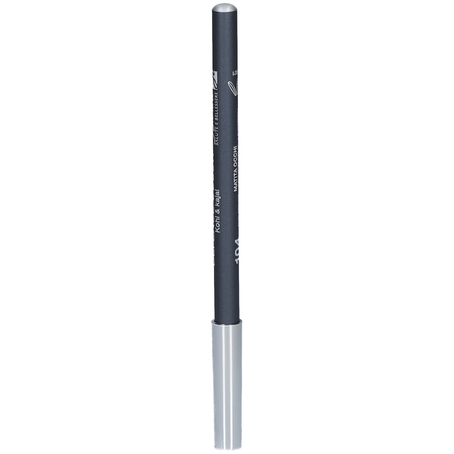 Grijze kohlpotlood met zilveren punt. Opschrift: DEFENCE COLOR Kohl & Kajal.