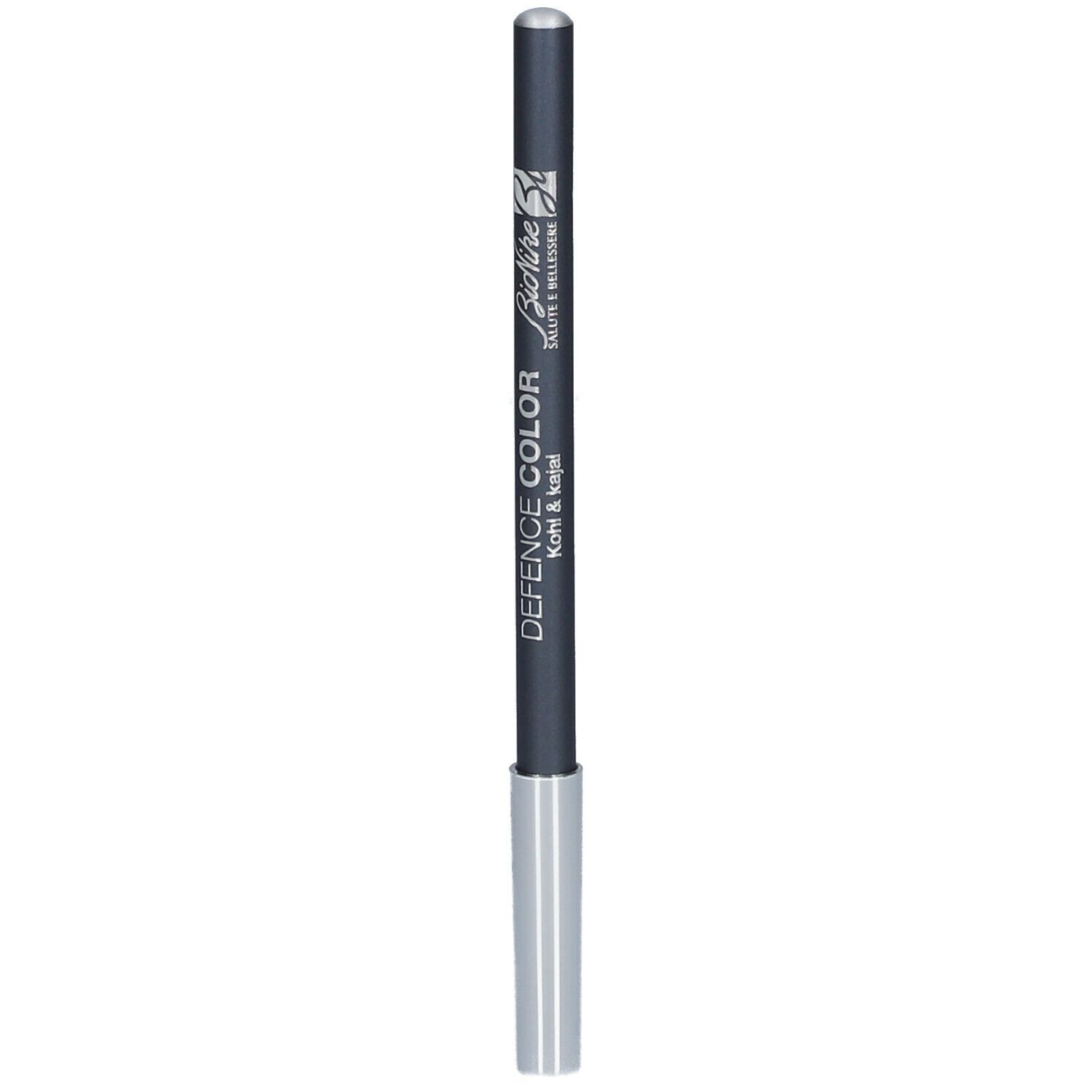 Grijze kohlpotlood met zilveren punt. Opschrift: DEFENCE COLOR Kohl & Kajal.