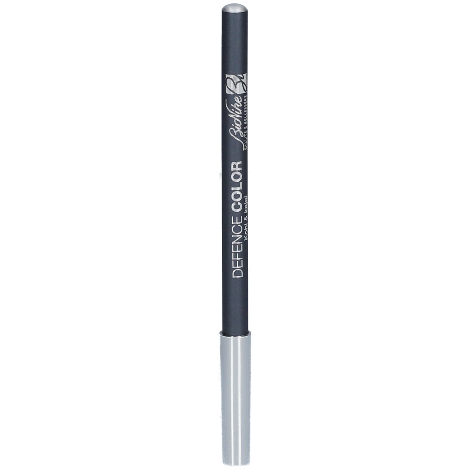 Grijze kohlpotlood met zilveren punt. Opschrift: DEFENCE COLOR Kohl & Kajal.