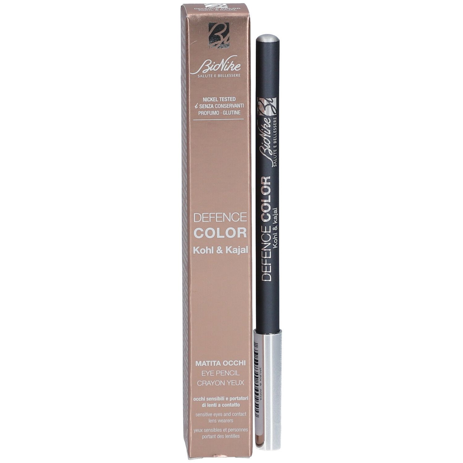 Kohlpotlood en verpakking. Opschrift: DEFENCE COLOR Kohl & Kajal. Nickel Tested.