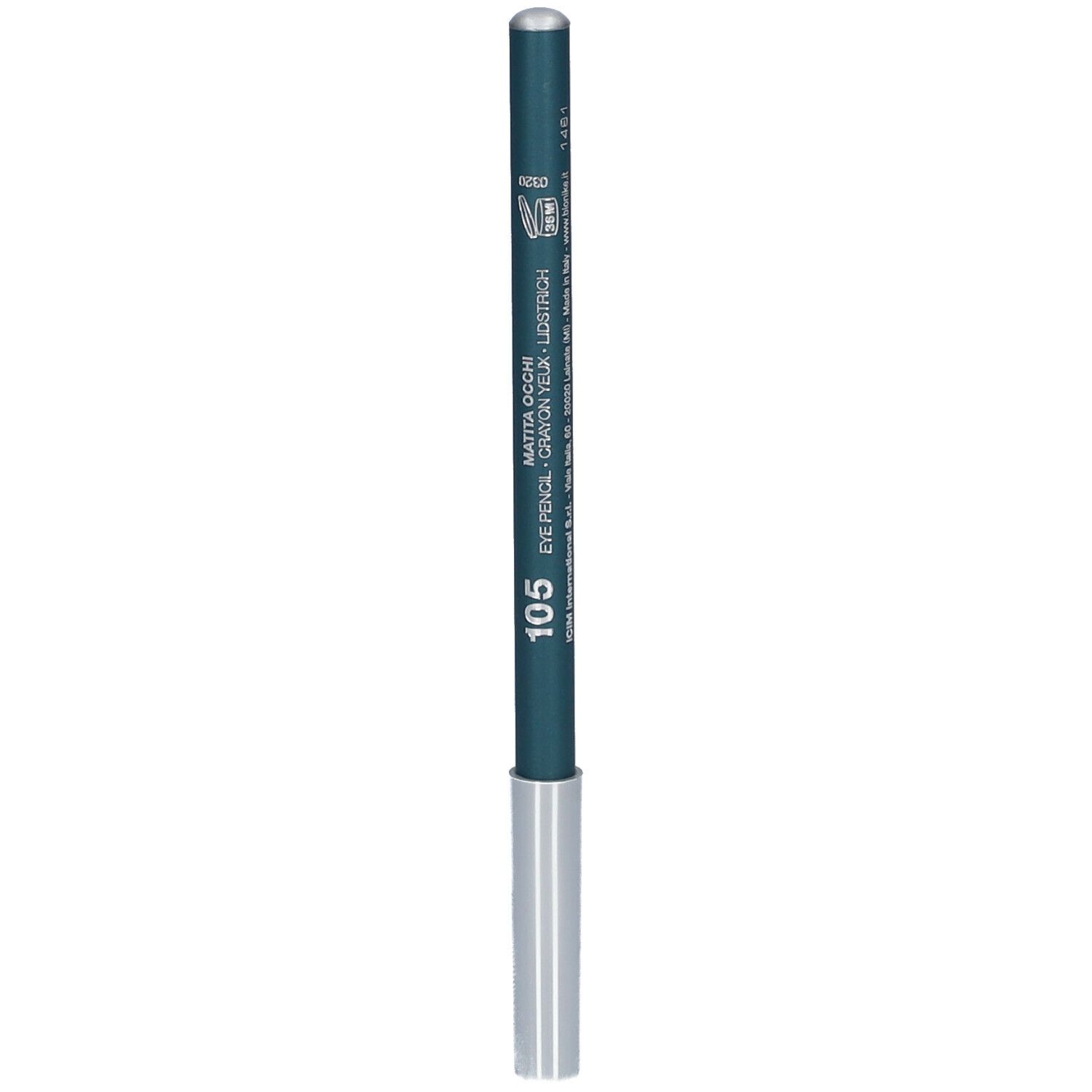Groene kajalpotlood met zilveren punt. Opschrift: 105, EYE PENCIL.