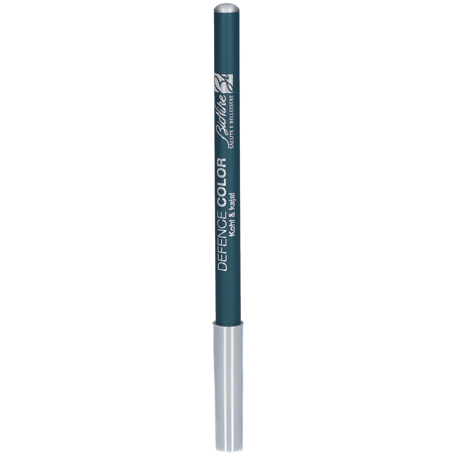 Groene kajalpotlood met zilveren punt. Opschrift: DEFENCE COLOR, Kohl & Kajal.