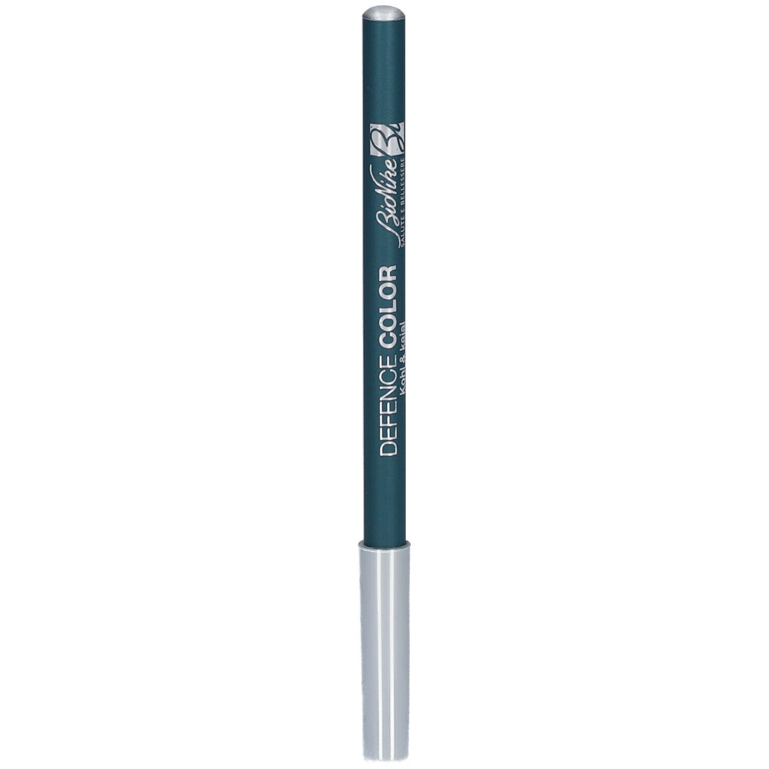 Groene kajalpotlood met zilveren punt. Opschrift: DEFENCE COLOR, Kohl & Kajal.