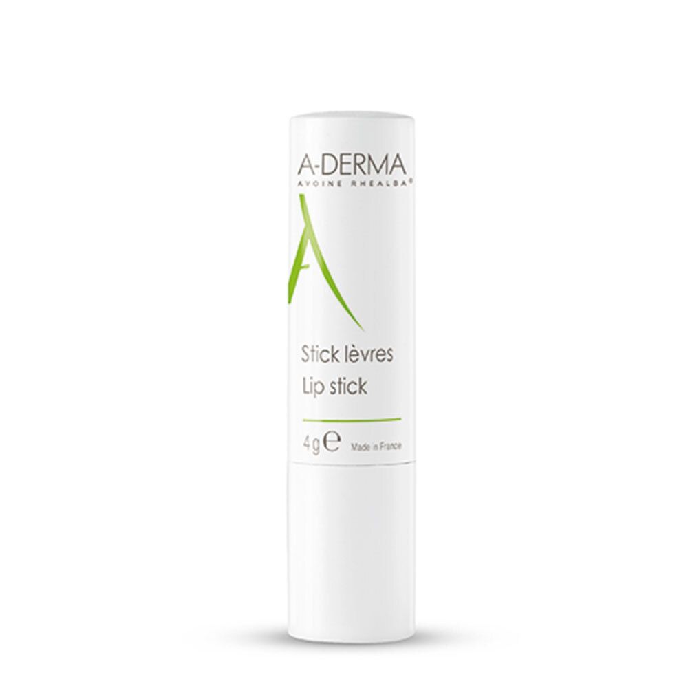 Stick à lèvres blanc avec lettrage vert. Logo A-DERMA et nom du produit.