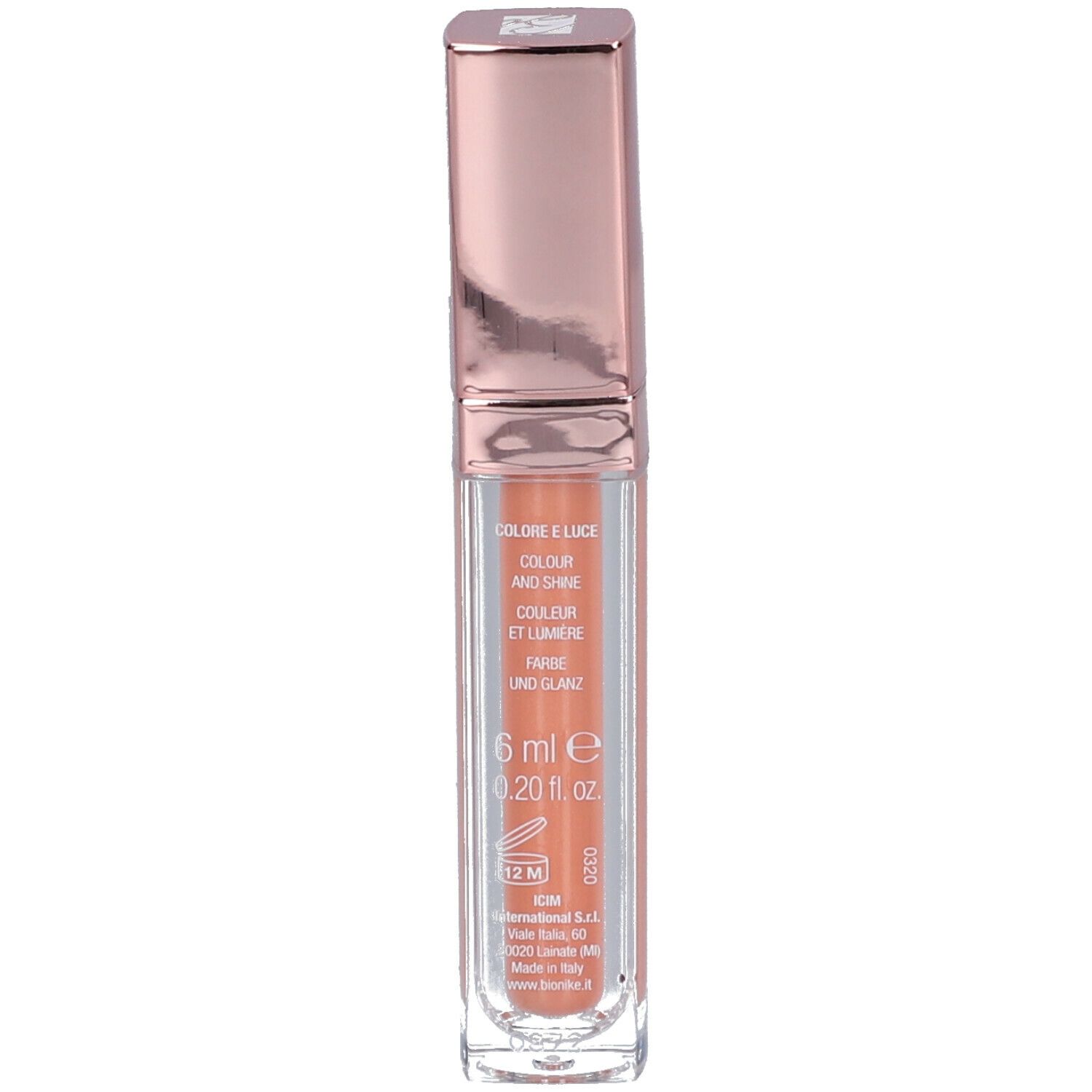 BioNike DEFENCE COLOR Crystal Lipgloss. Boîtier transparent, capuchon or rose. 6 ml. Inscription: COLORE E LUCE, 12M.