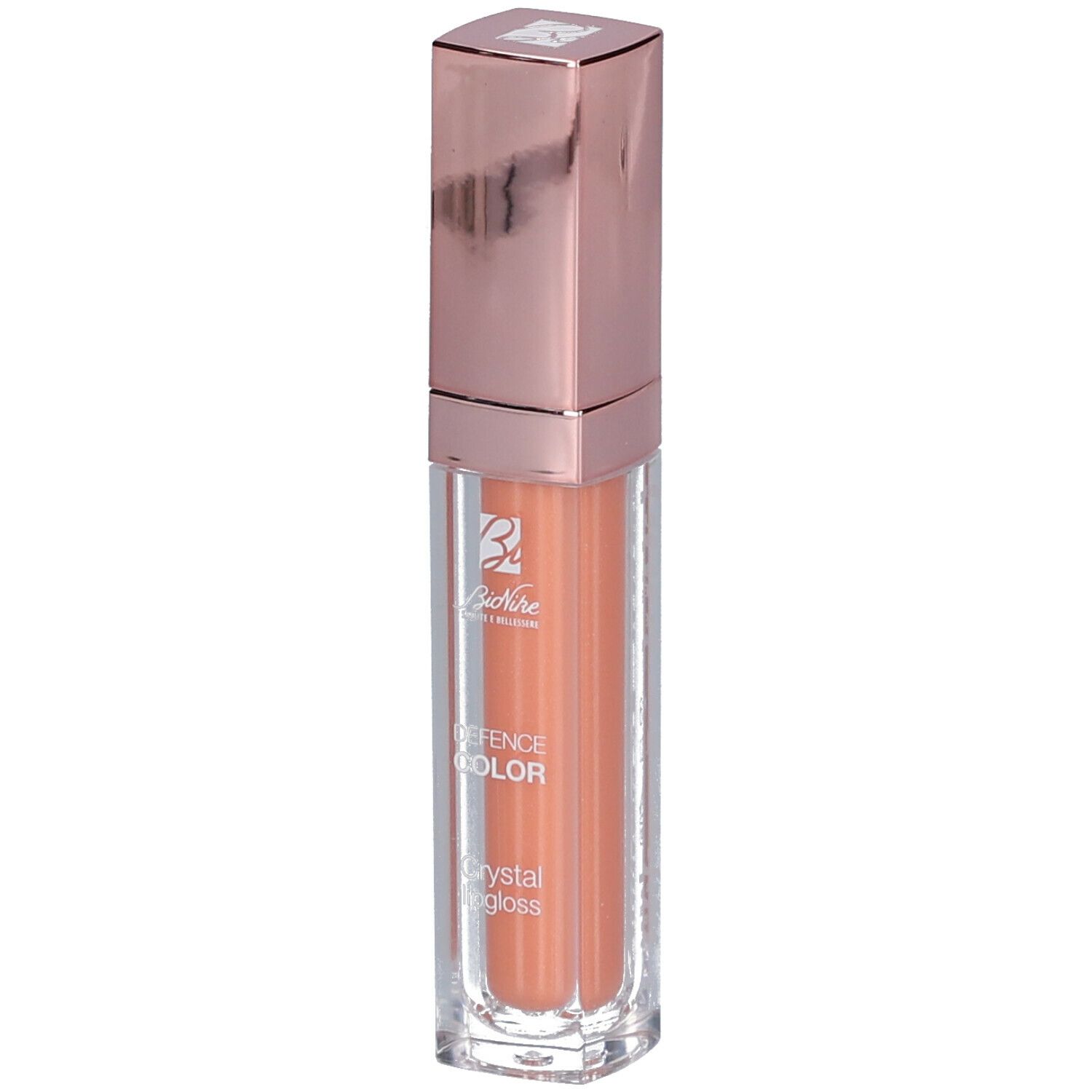 BioNike DEFENCE COLOR Crystal Lipgloss. Boîtier transparent, capuchon or rose. Contenu: gloss pêche.