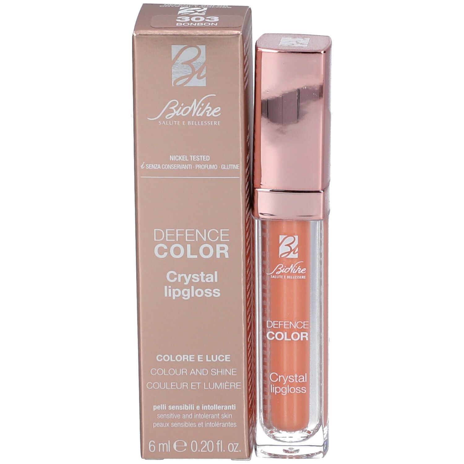 BioNike DEFENCE COLOR Crystal Lipgloss et emballage. Emballage: or rose, produit: transparent.