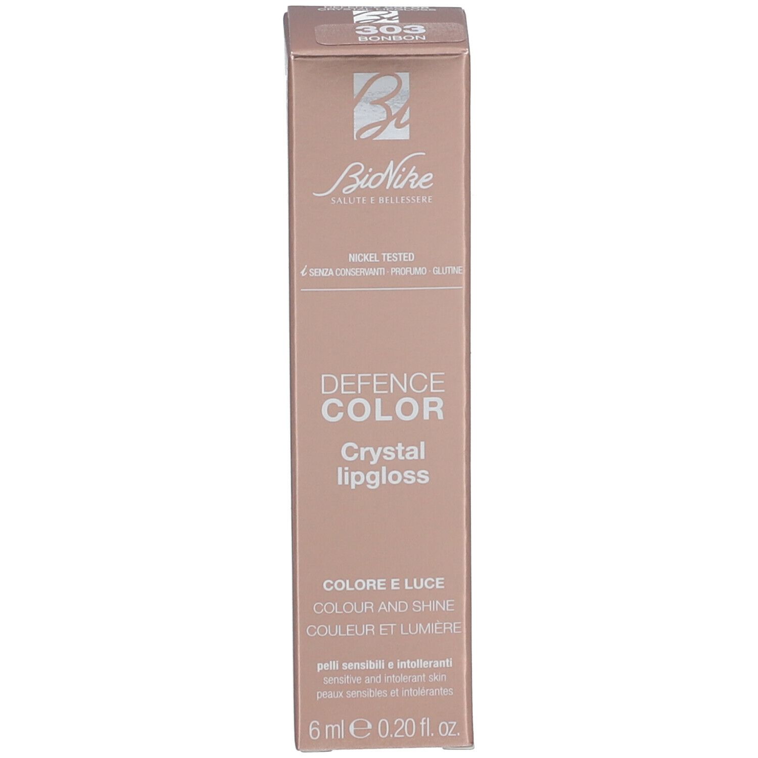 Emballage BioNike DEFENCE COLOR Crystal Lipgloss. Or rose, texte: DEFENCE COLOR, 6 ml.