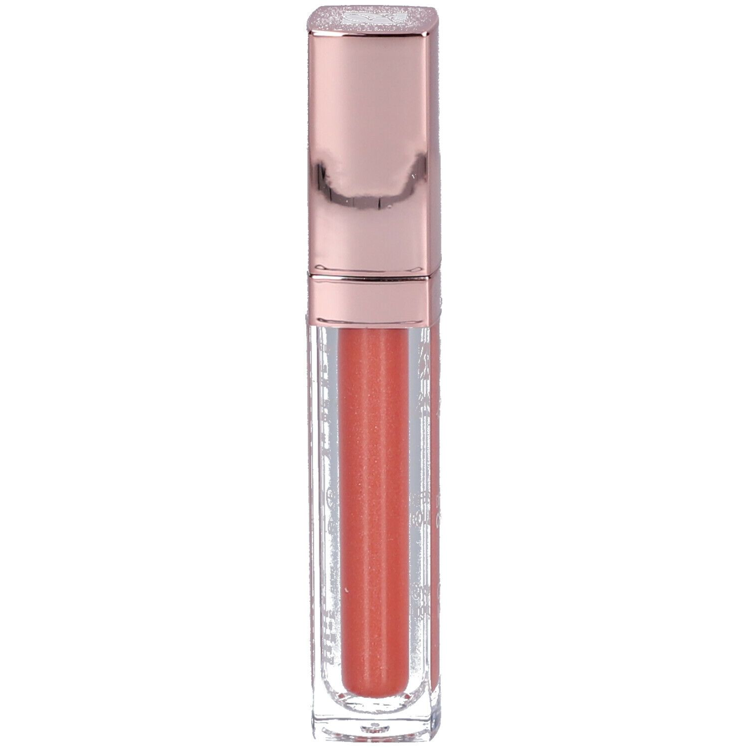 Korallenfarbener Lipgloss in einer transparenten, rechteckigen Hülse mit roségoldfarbenem Deckel.
