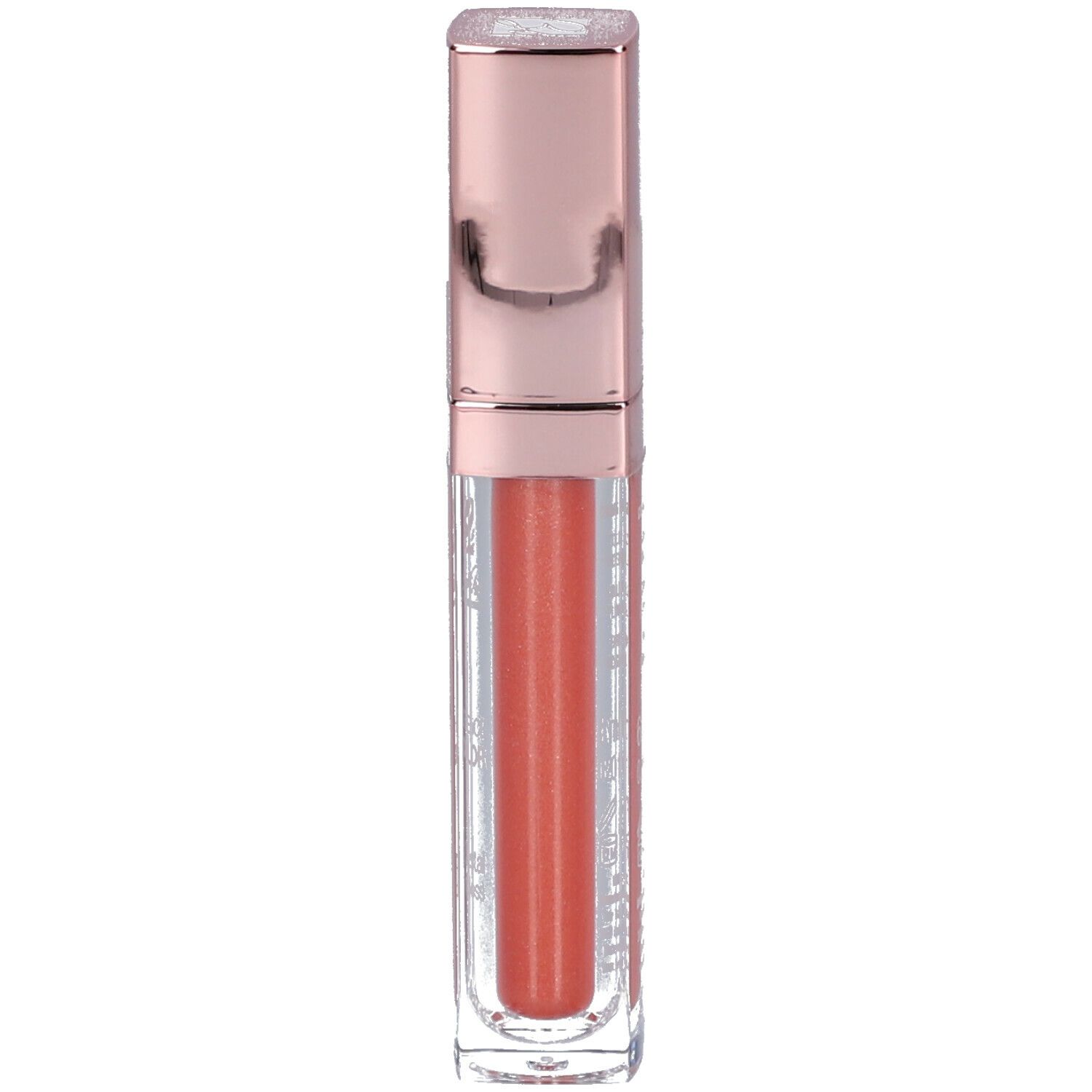 Korallenfarbener Lipgloss in einer transparenten, rechteckigen Hülse mit roségoldfarbenem Deckel.