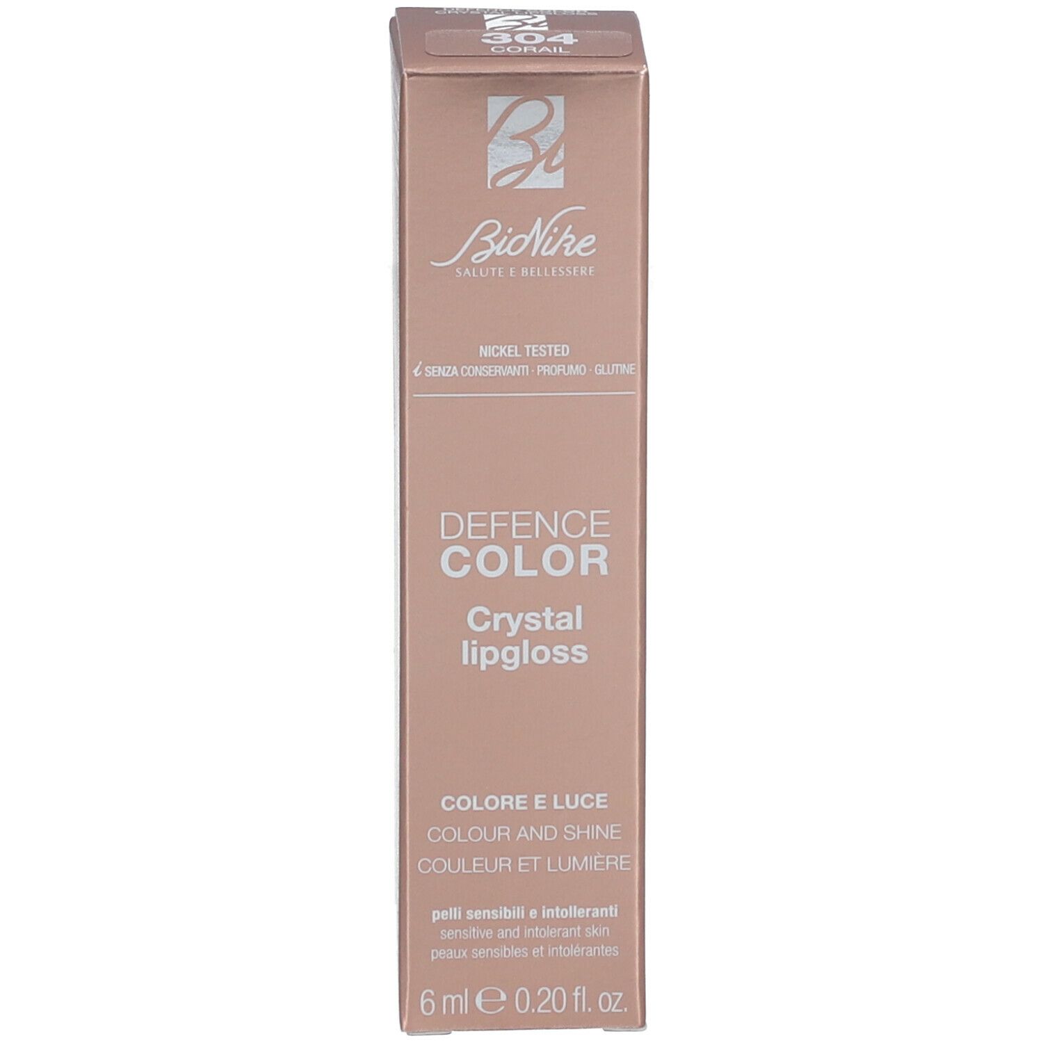 Verpackung für Lipgloss. Marke: BioNike DEFENCE COLOR. Aufgedruckt: 6 ml, 0,20 fl. oz.