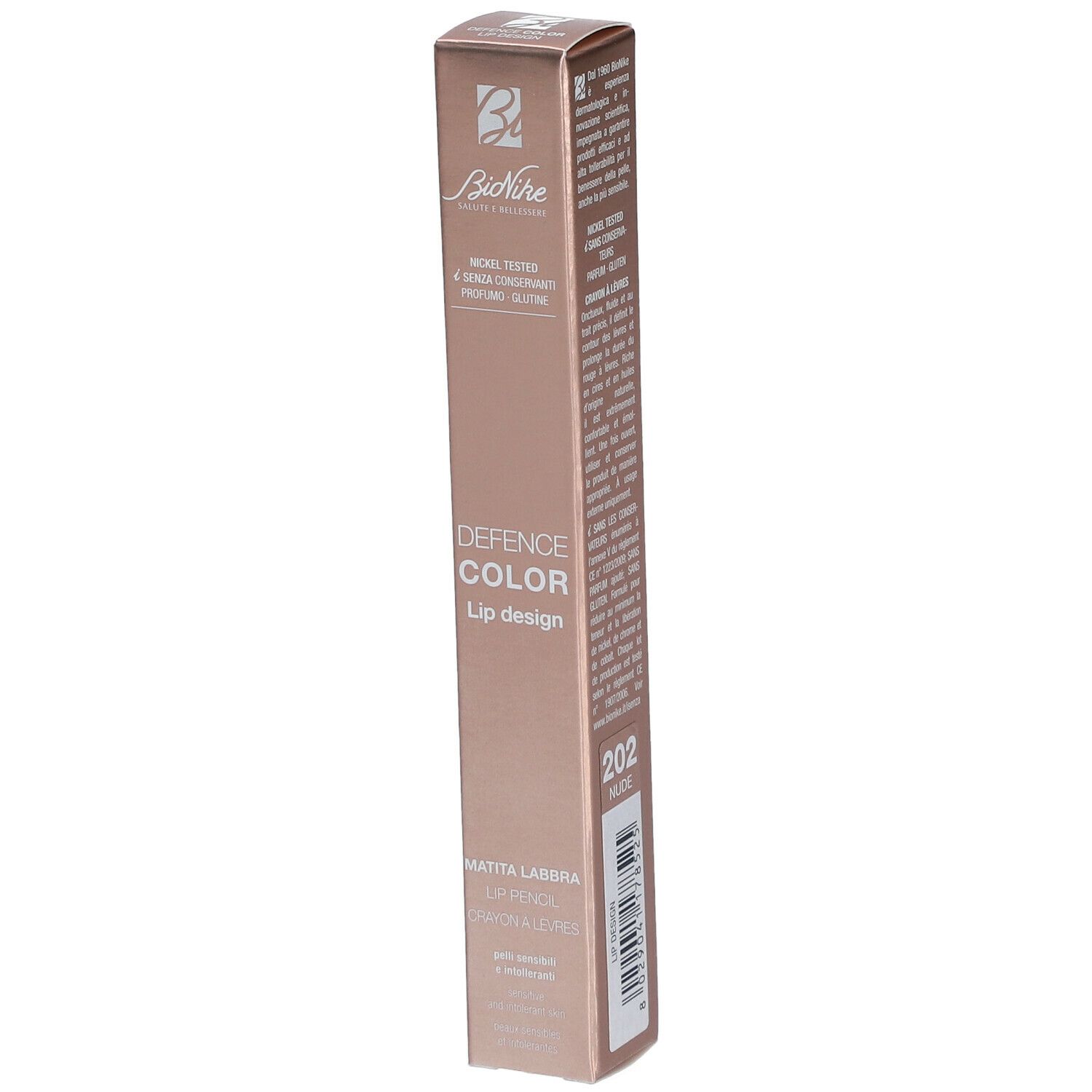 BioNike Defence Color Lip Design 202 Nude. Emballage rectangulaire rose. Texte: Testé au nickel, sans conservateur, sans gluten.
