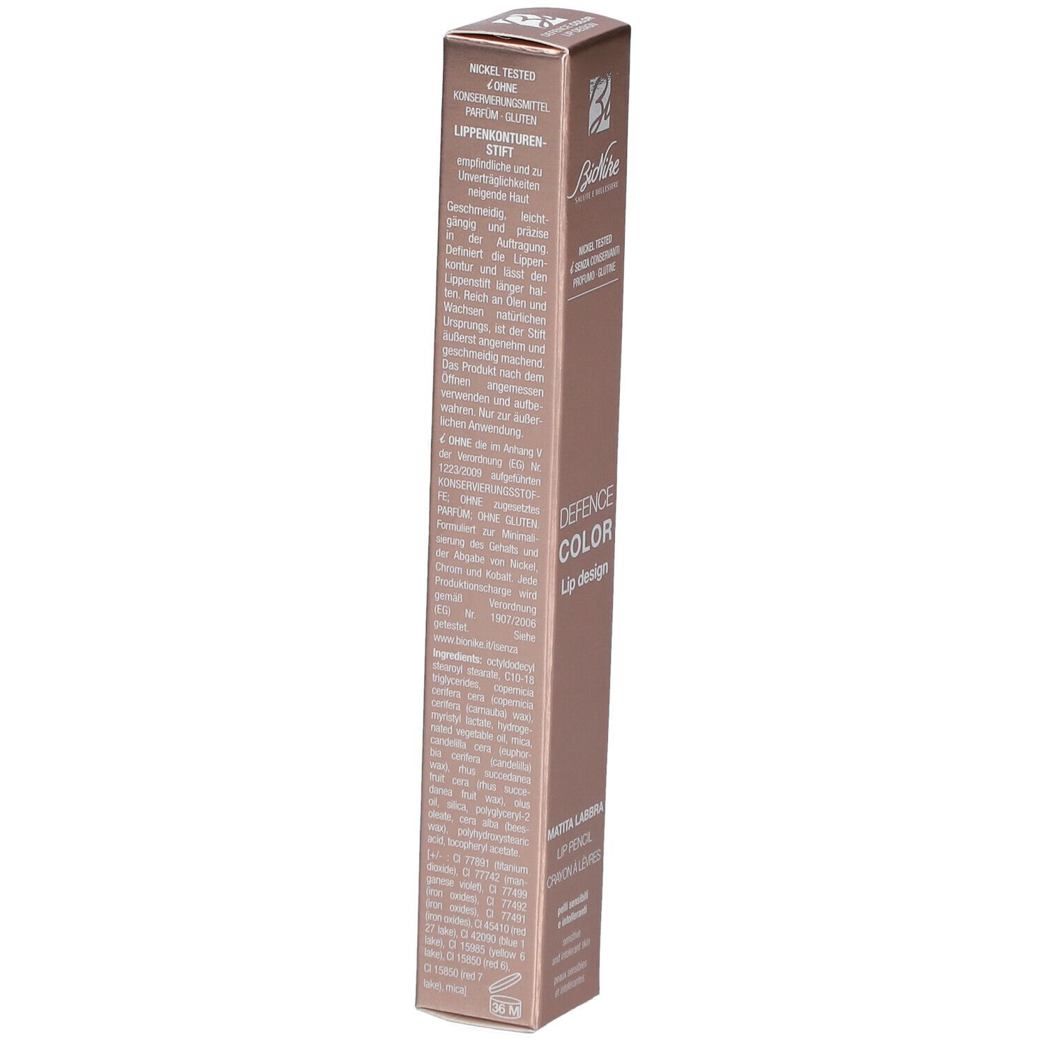 BioNike Defence Color Lip Design 202 Nude. Emballage rose avec texte. Testé au nickel, sans conservateur, sans gluten. Vue détaillée.