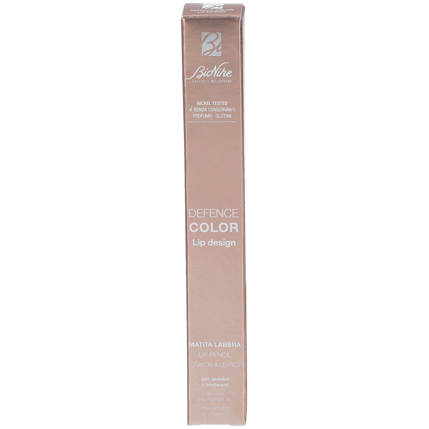BioNike Defence Color Lip Design 202 Nude. Emballage rose. Texte: Testé au nickel, sans conservateur, sans gluten. Vue de face.
