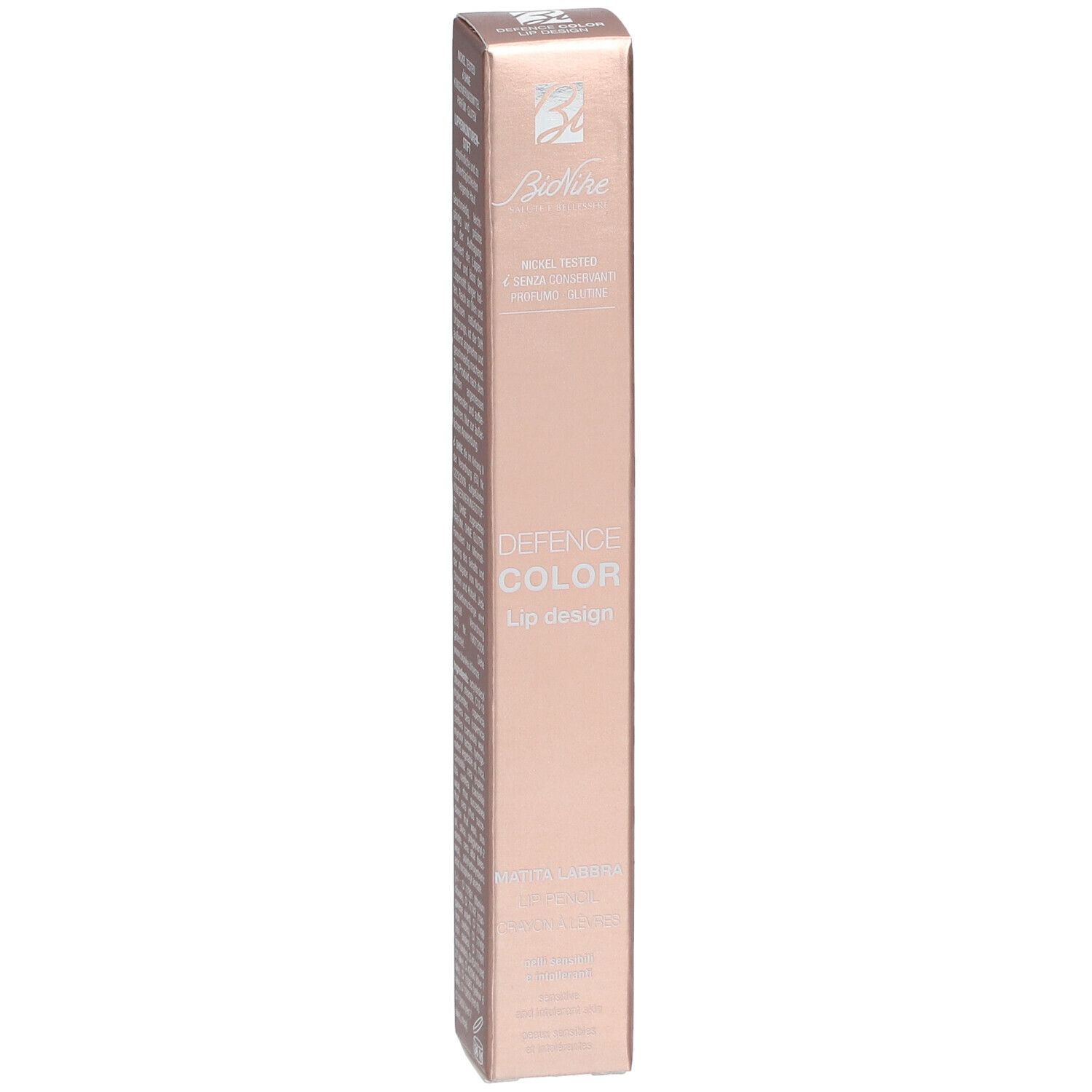 BioNike Defence Color Lip Design 202 Nude. Emballage rose. Texte: Testé au nickel, sans conservateur, sans gluten. Vue de face.