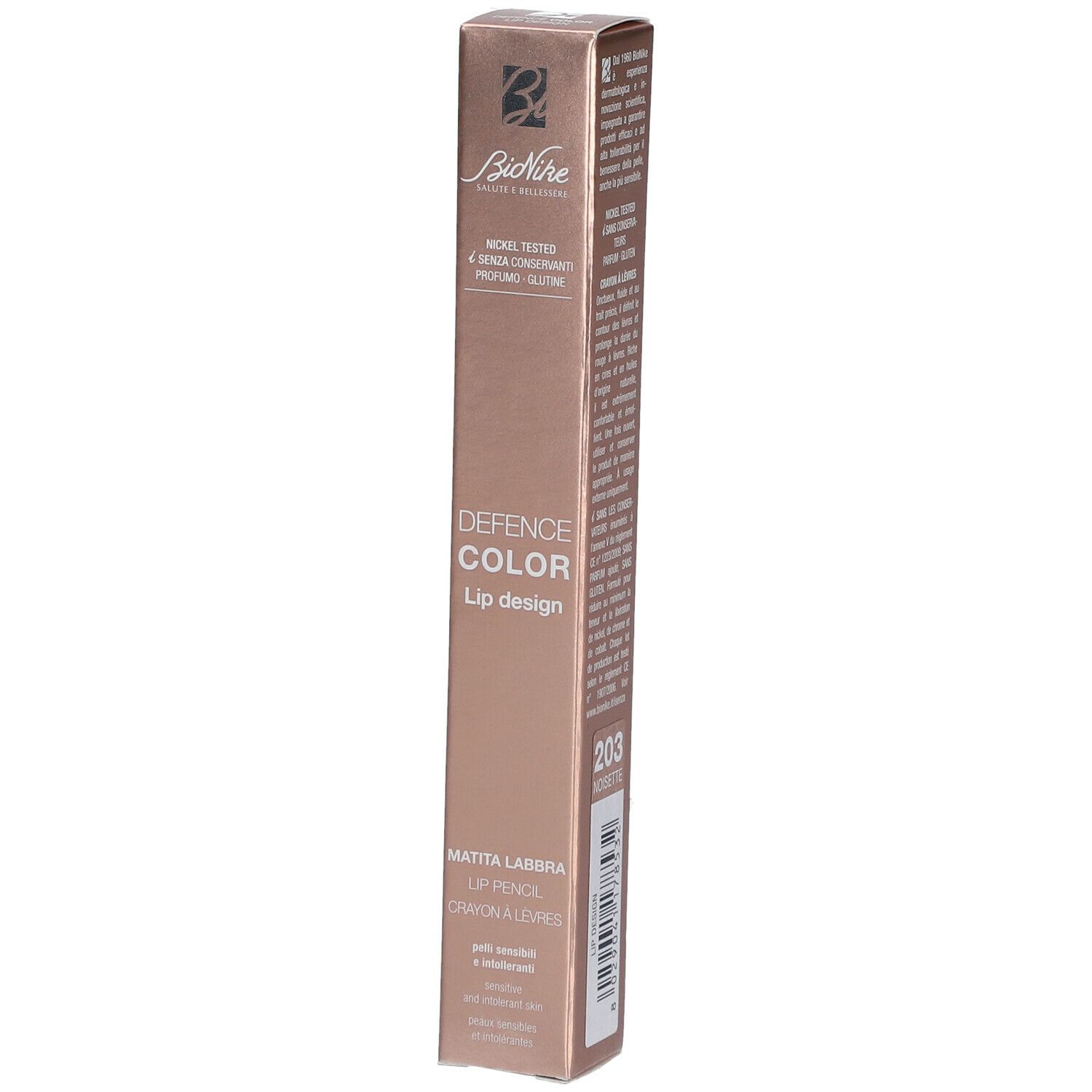BioNike Defence Color Lip Design 203 Hazelnut. Emballage avec informations produit. Testé au nickel, sans conservateurs, parfum ni gluten.