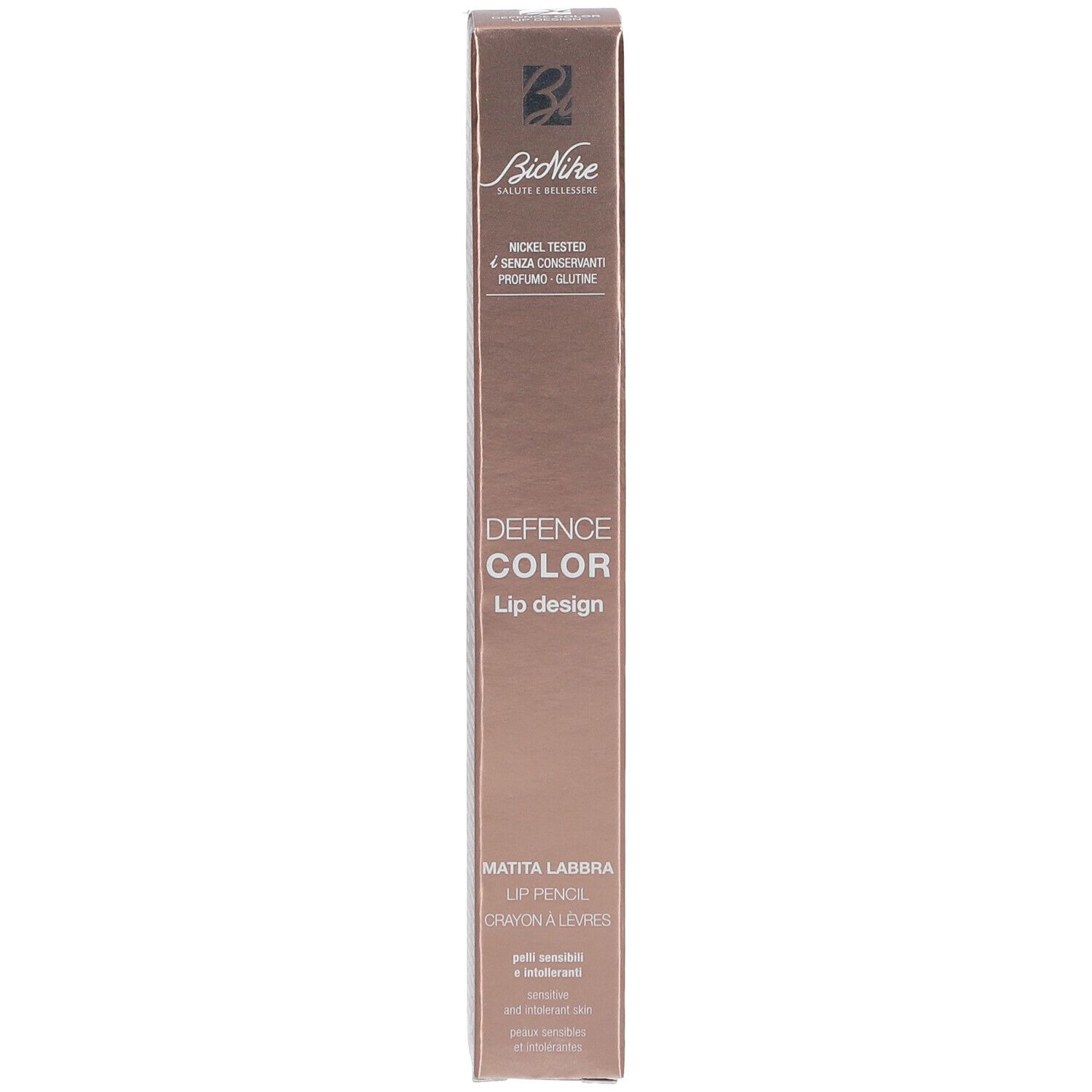 BioNike Defence Color Lip Design 203 Hazelnut. Emballage avec informations produit. Testé au nickel, sans conservateurs, parfum ni gluten.