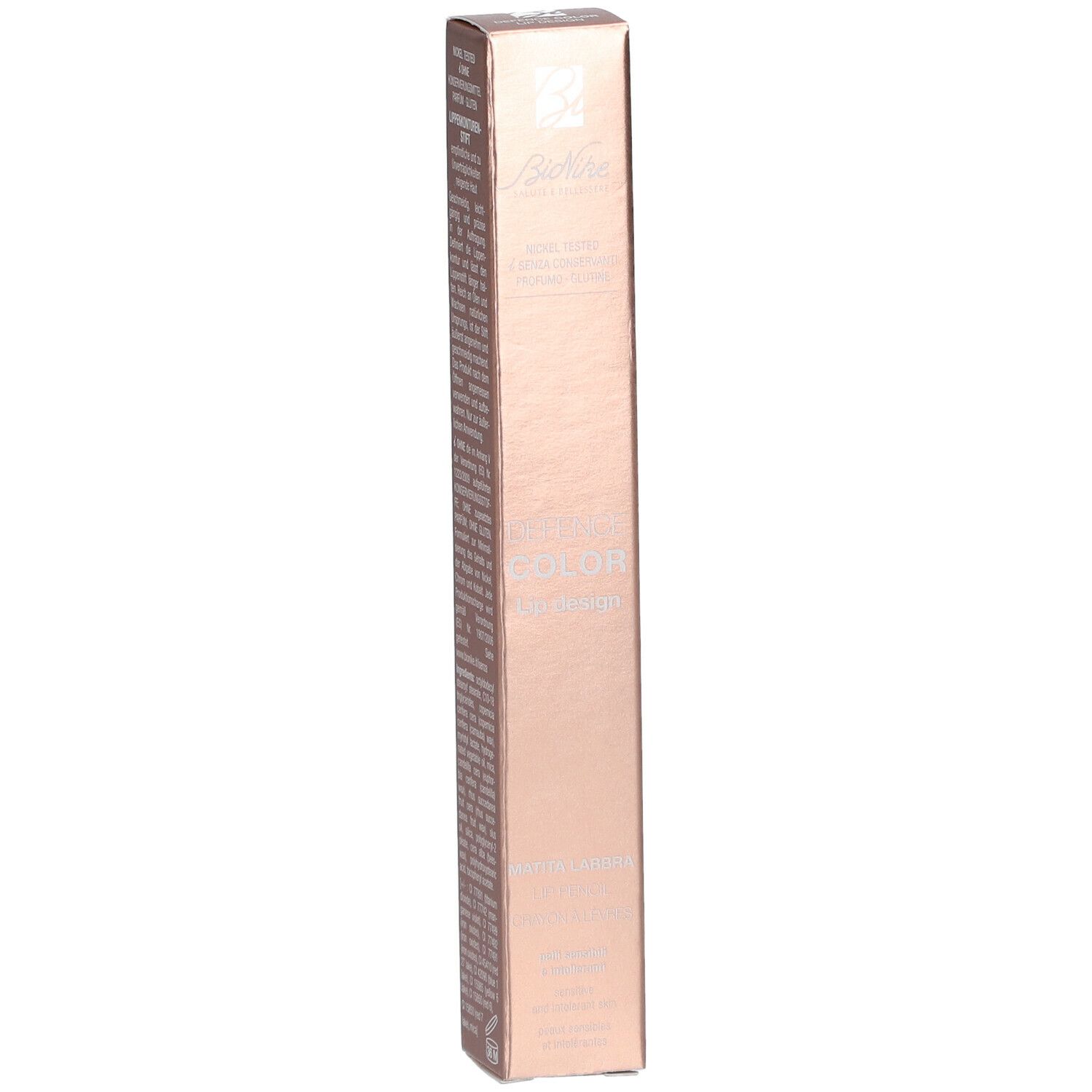 BioNike Defence Color Lip Design 203 Hazelnut. Emballage avec informations produit. Testé au nickel, sans conservateurs, parfum ni gluten.