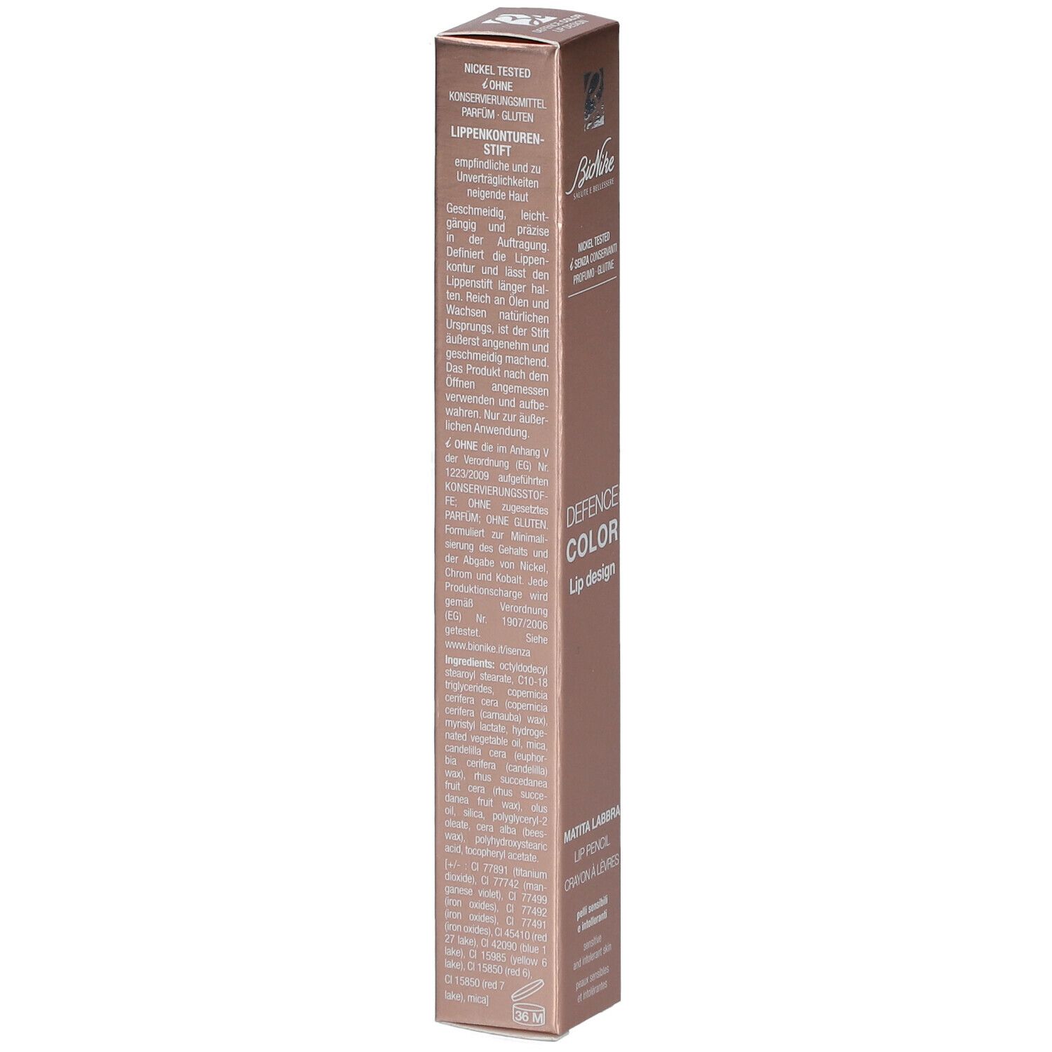 BioNike Defence Color Lip Design. Emballage de rouge à lèvres rose. Texte sur l'emballage, informations sur le produit.