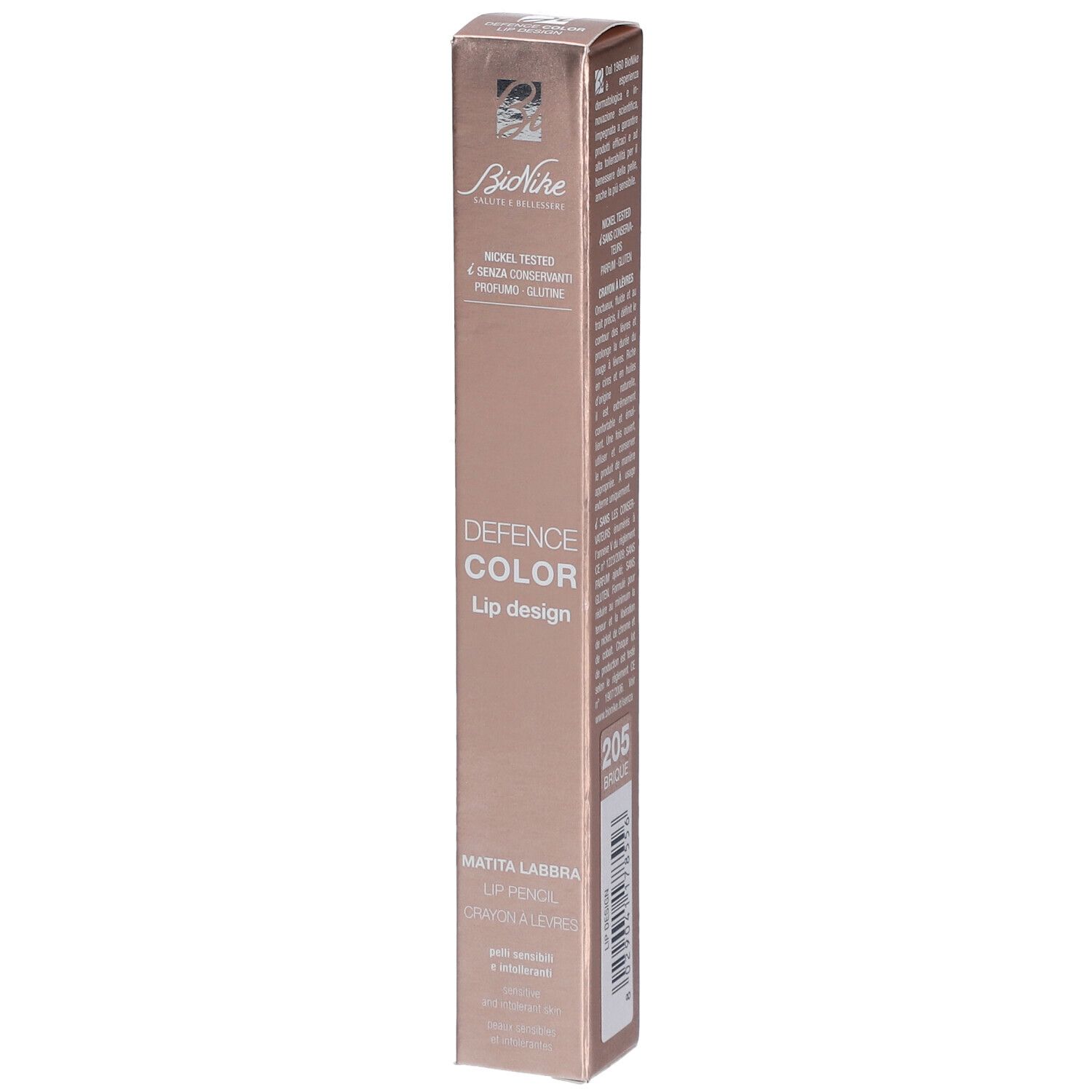 BioNike DEFENCE COLOR Lippenkonturenstift Lèvres N°205 Brique. Verpackung. Produktname und Farbnummer sichtbar.