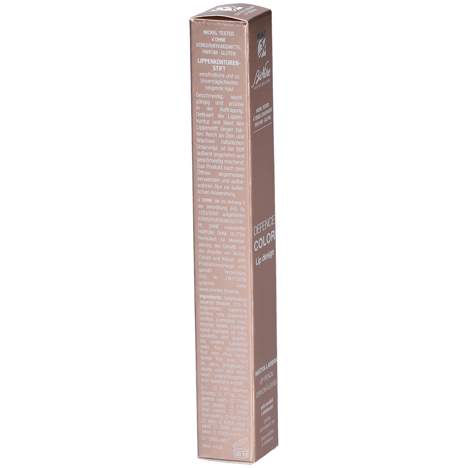 BioNike DEFENCE COLOR Lippenkonturenstift Lèvres N°205 Brique. Verpackung. Text auf der Verpackung sichtbar.