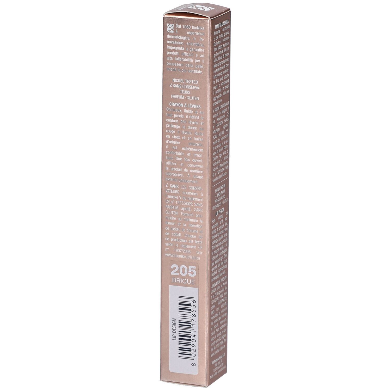BioNike DEFENCE COLOR Lippenkonturenstift Lèvres N°205 Brique. Verpackung. Farbnummer und Produktname sichtbar.