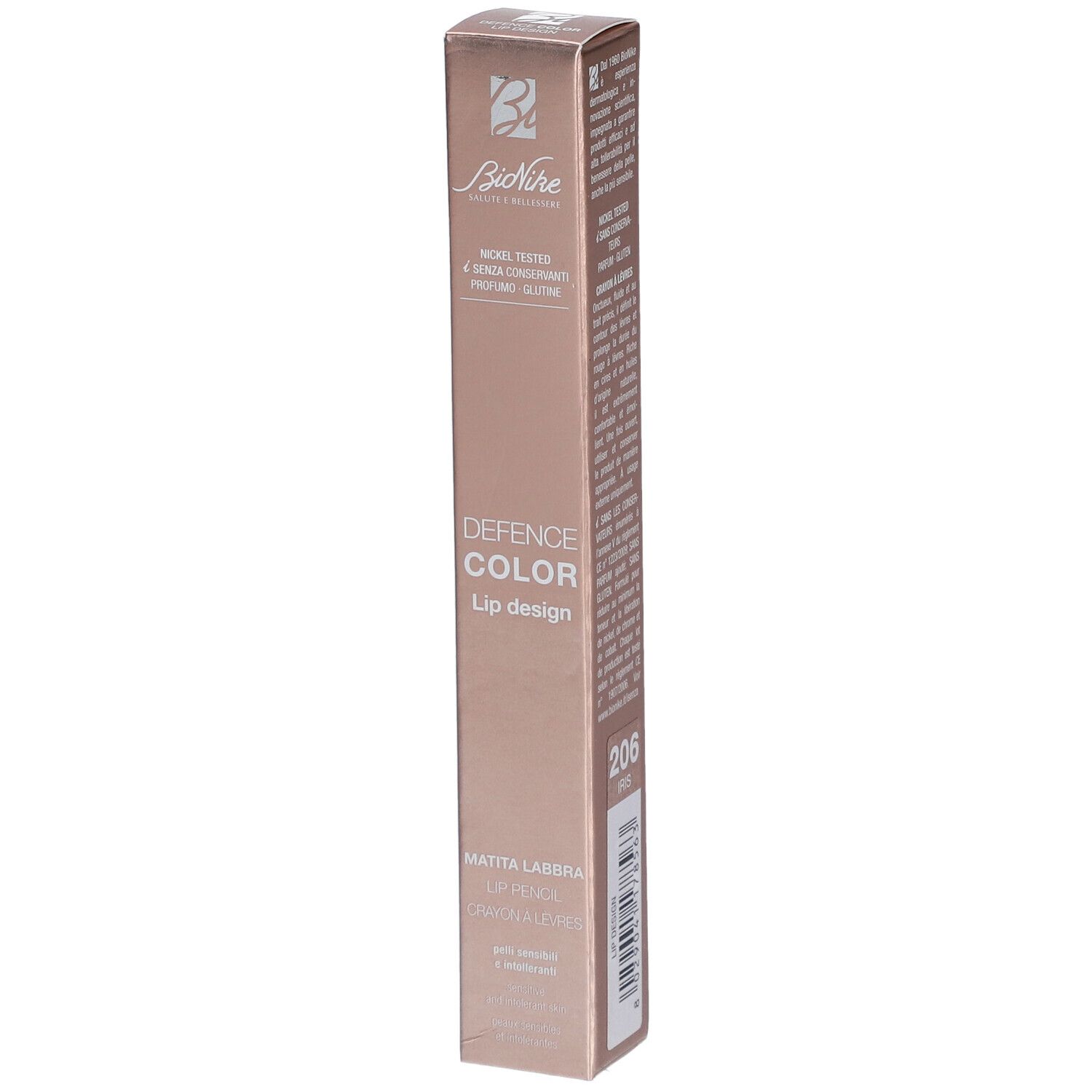 BioNike DEFENCE COLOR Lippenkonturenstift 206 Iris. Verpackung, braun. Text: DEFENCE COLOR, Lip design, MATITA LABBRA, LIP PENCIL.