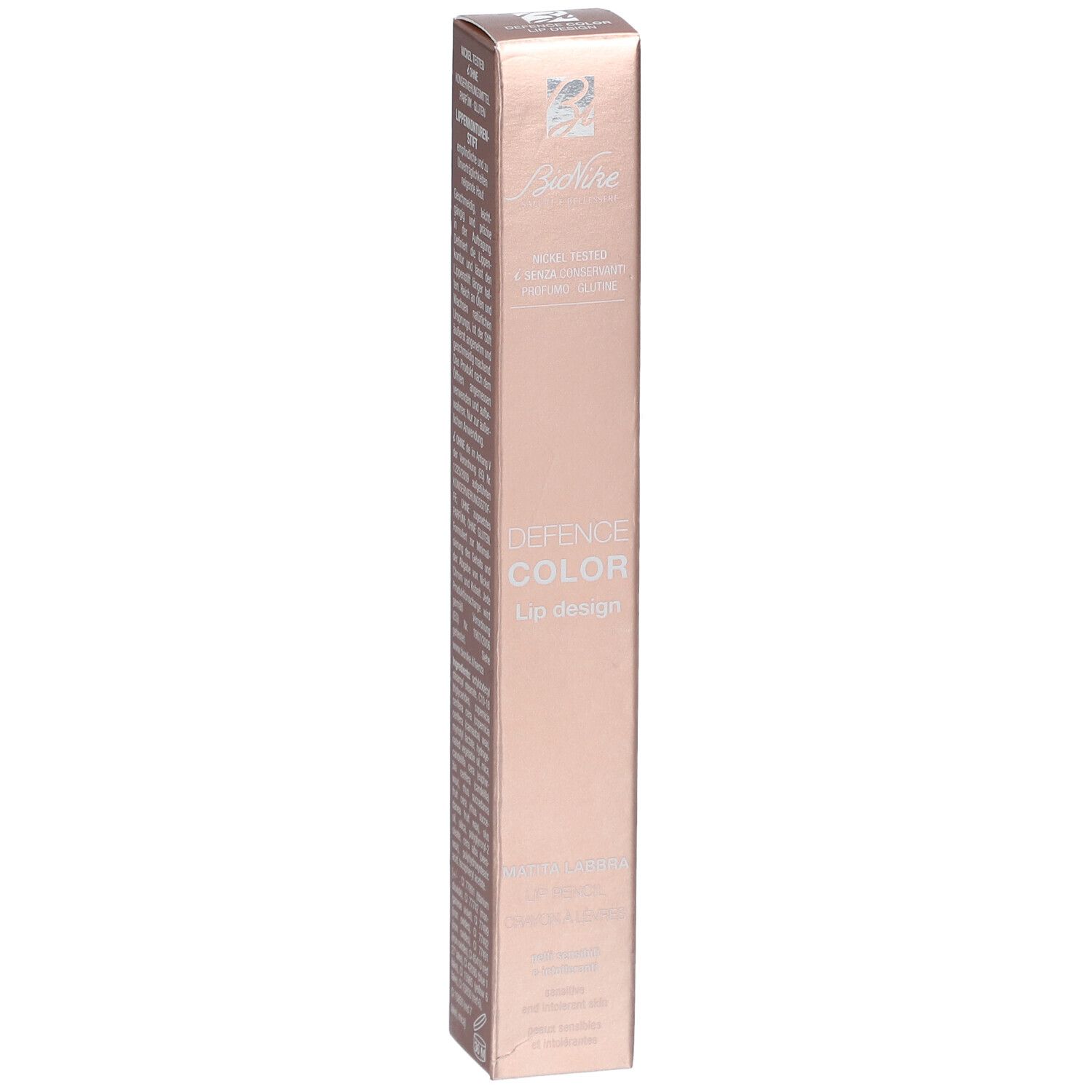 BioNike DEFENCE COLOR Lippenkonturenstift. Verpackung, braun. Text: DEFENCE COLOR, Lip design, MATITA LABBRA, LIP PENCIL, NICKEL TESTED.
