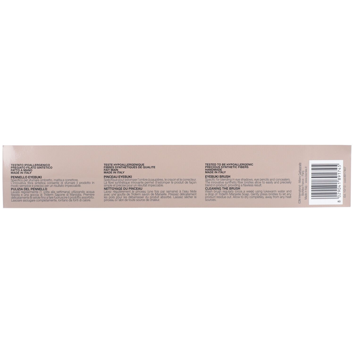 Verpakking van de wenkbrauwborstel. Tekst met productinformatie en barcode. Merk BioNike.
