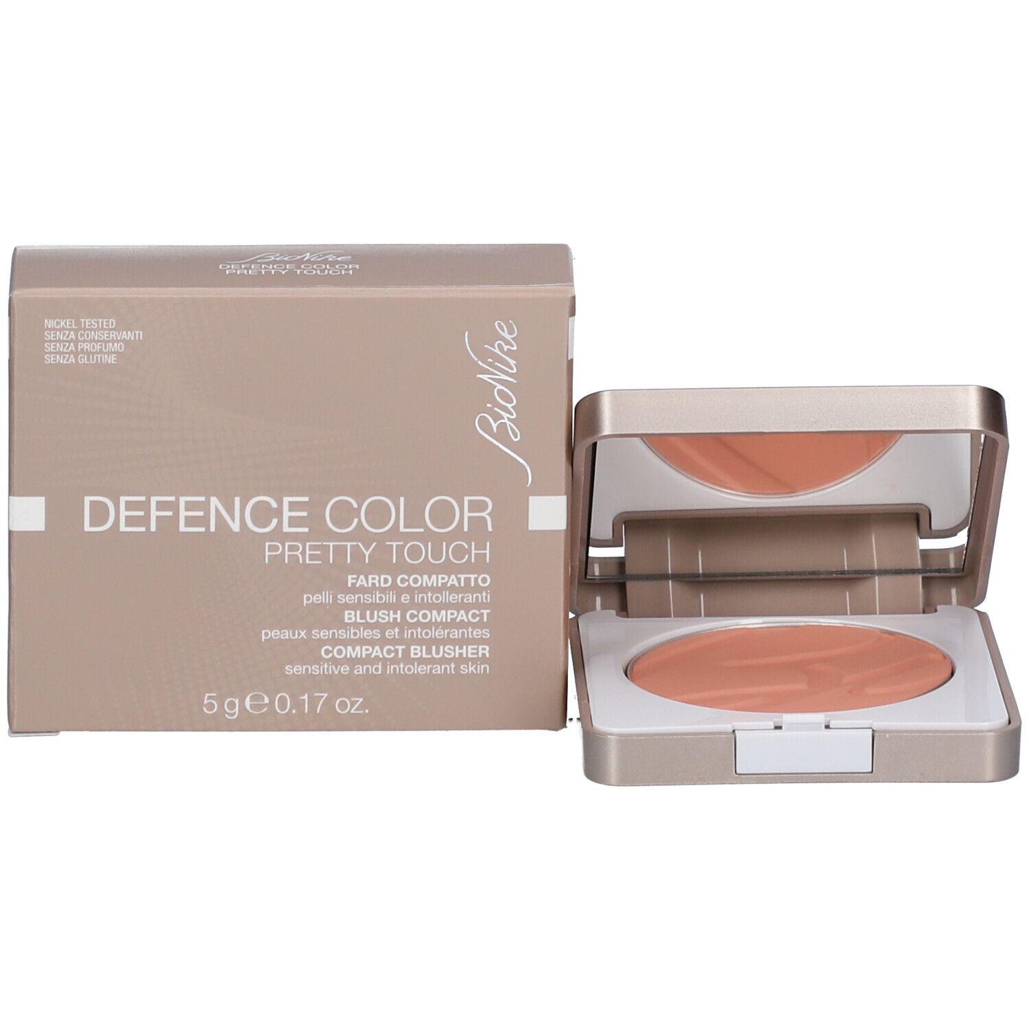 Offene Kompakt-Rouge-Verpackung. Rosa-goldene Schachtel mit Rouge und Spiegel. Rouge-Farbe sichtbar.