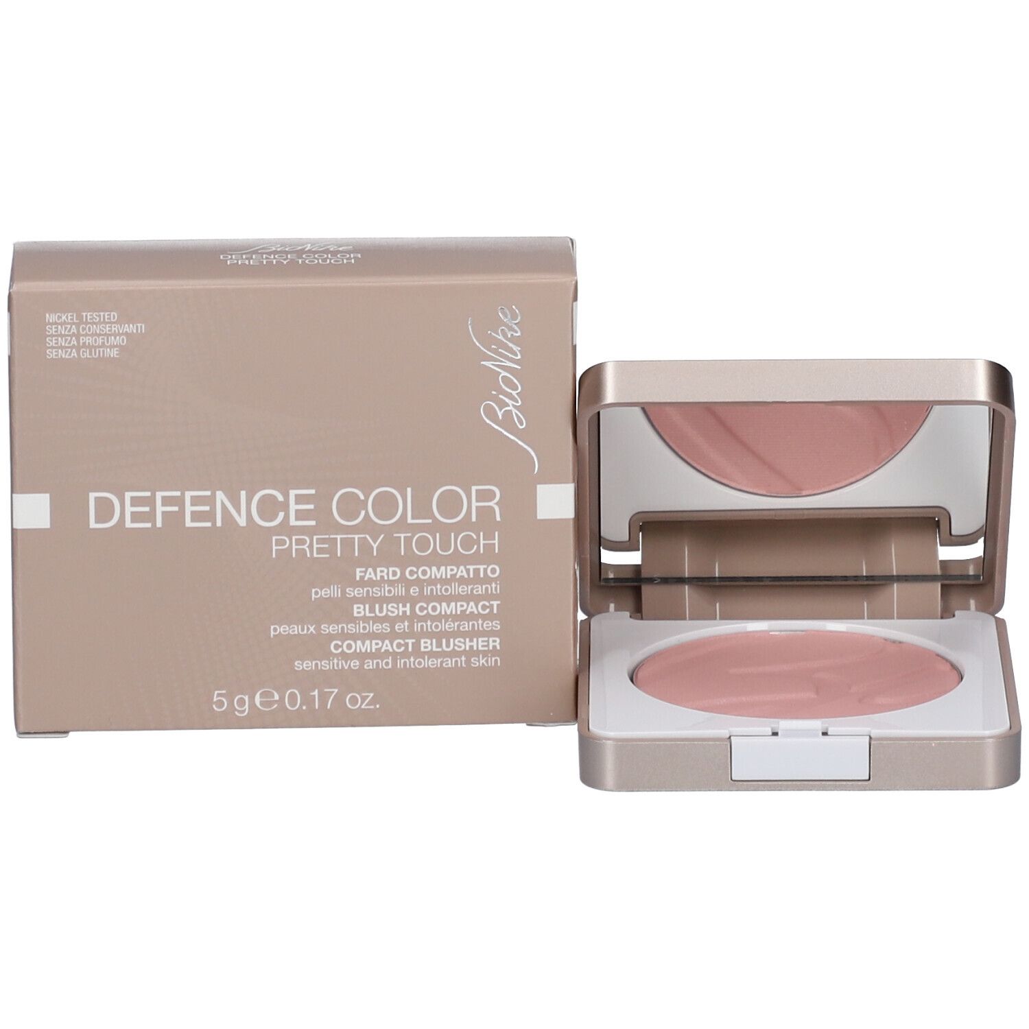Kompakt-Blusher und Verpackung. Produkt geöffnet. Spiegel und Blusher sichtbar.