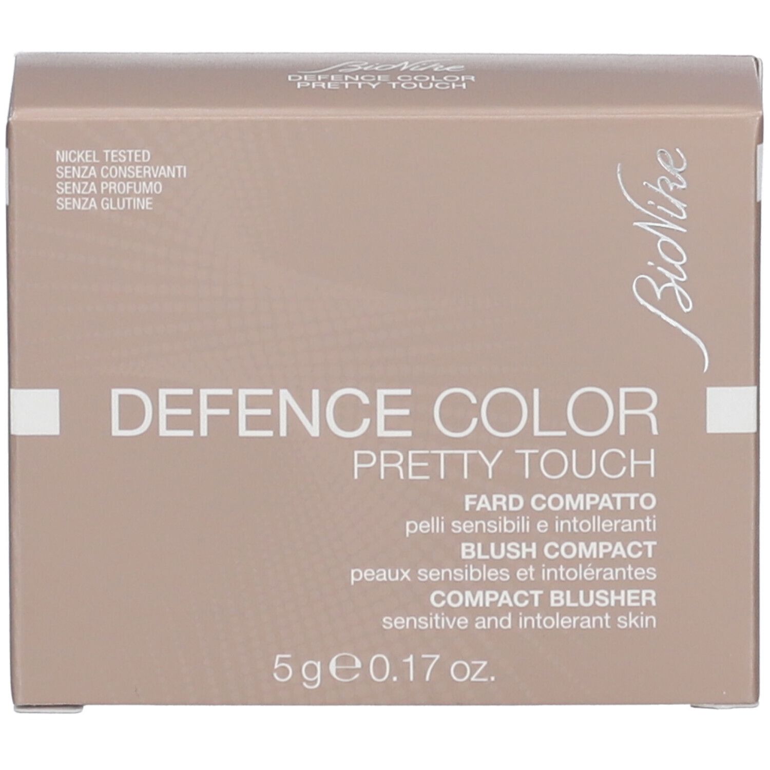 Kompakt-Blusher-Verpackung. Marke und Produktname sind sichtbar. Enthält 5 g.