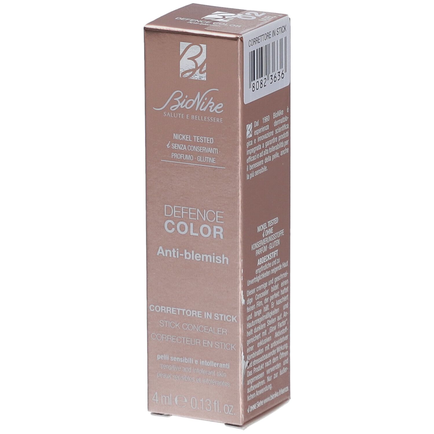 Emballage carton avec informations produit. Marque : BioNike. Produit : DEFENCE COLOR Anti-blemish. Texte : Corrector in Stick.