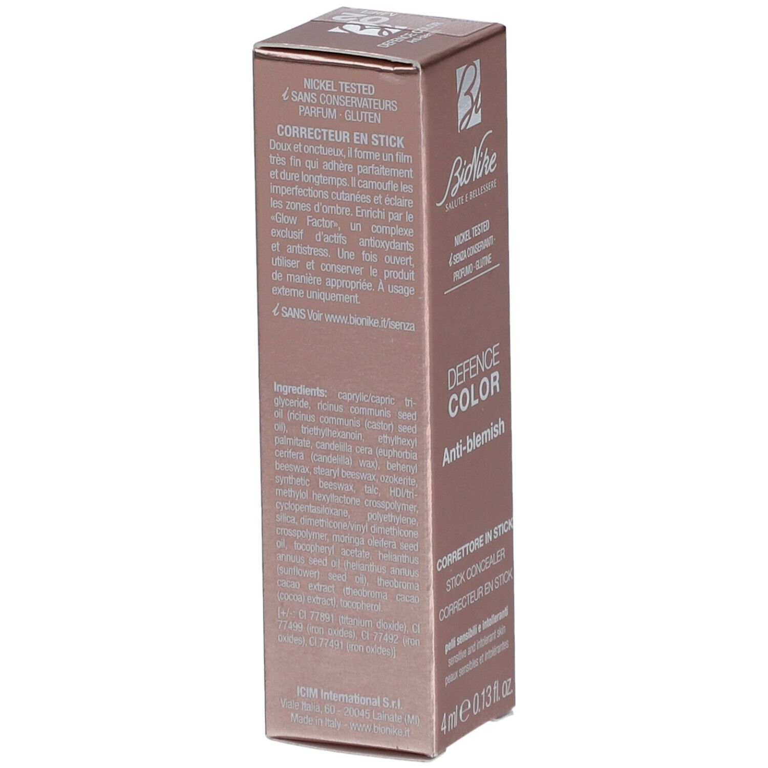 Emballage carton avec informations produit. Marque : BioNike. Produit : DEFENCE COLOR Anti-blemish. Texte : Corrector in Stick.