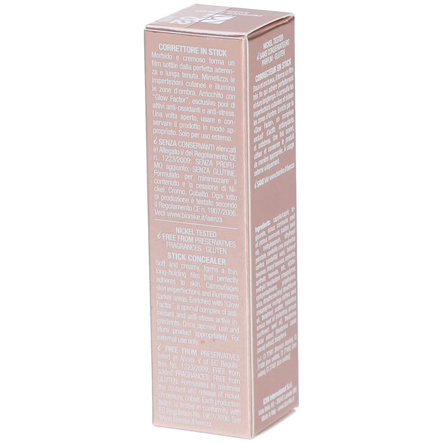 Emballage carton avec informations produit. Marque : BioNike. Produit : DEFENCE COLOR Anti-blemish. Texte : Corrector in Stick.
