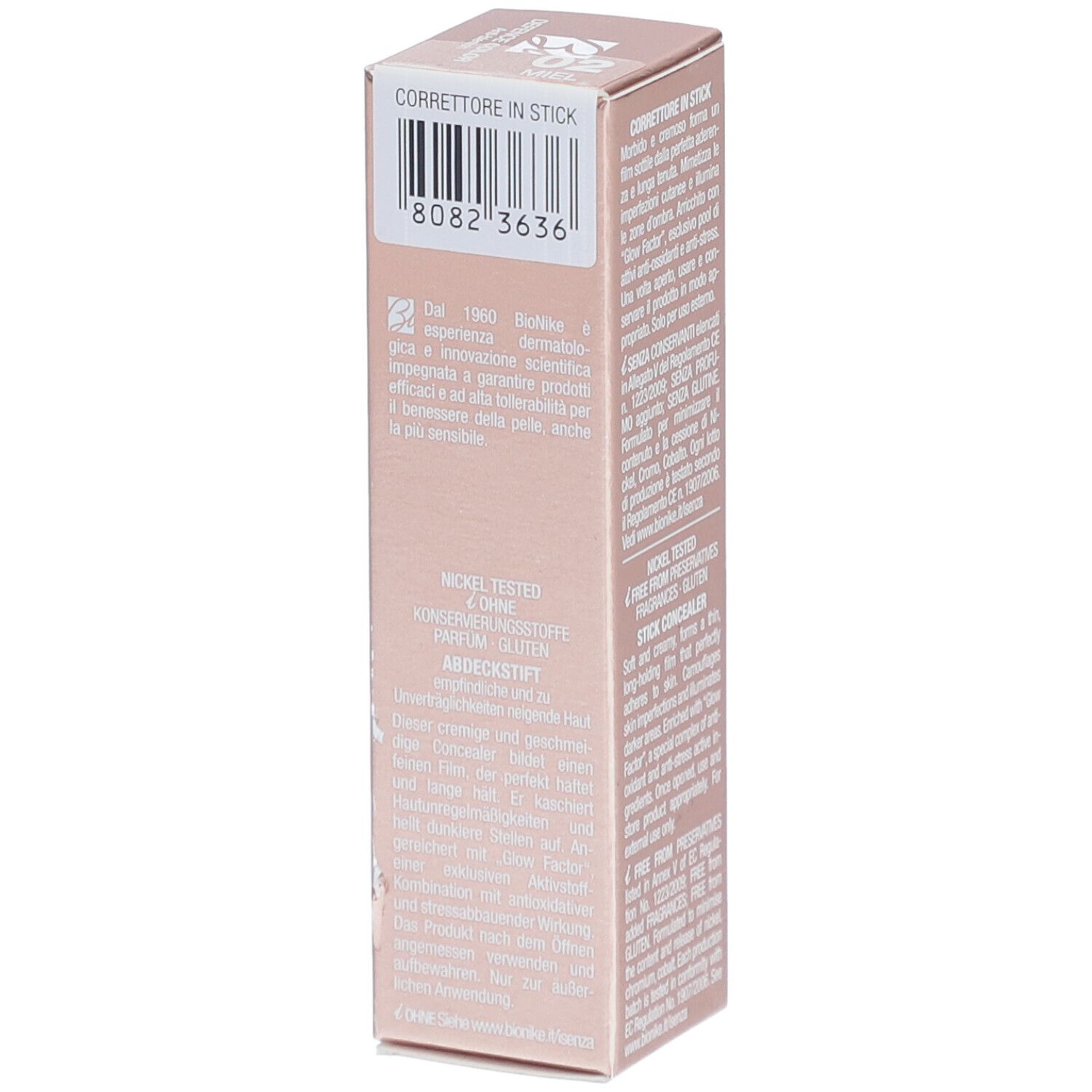 Emballage carton avec informations produit. Marque : BioNike. Produit : DEFENCE COLOR Anti-blemish. Texte : Corrector in Stick.