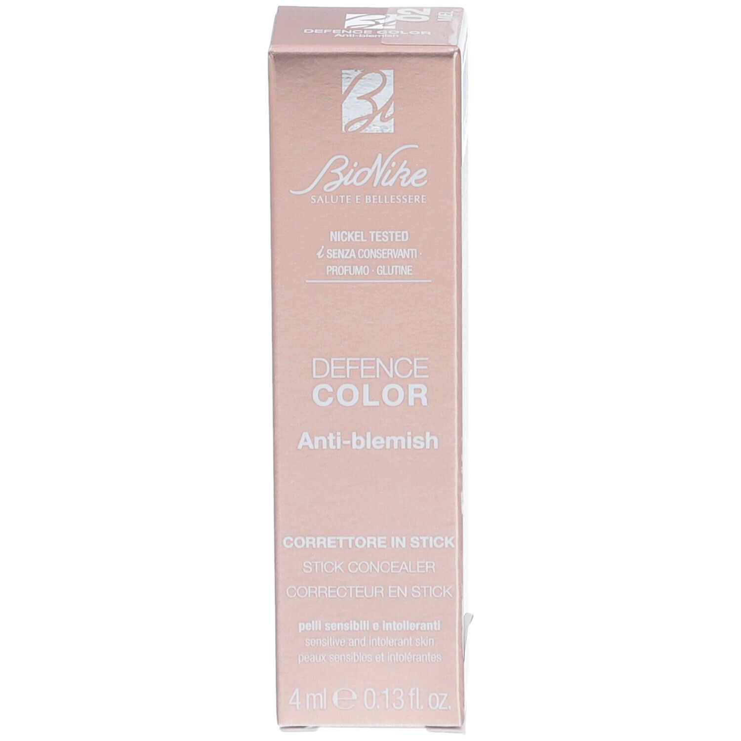 Emballage carton avec informations produit. Marque : BioNike. Produit : DEFENCE COLOR Anti-blemish. Texte : Corrector in Stick.