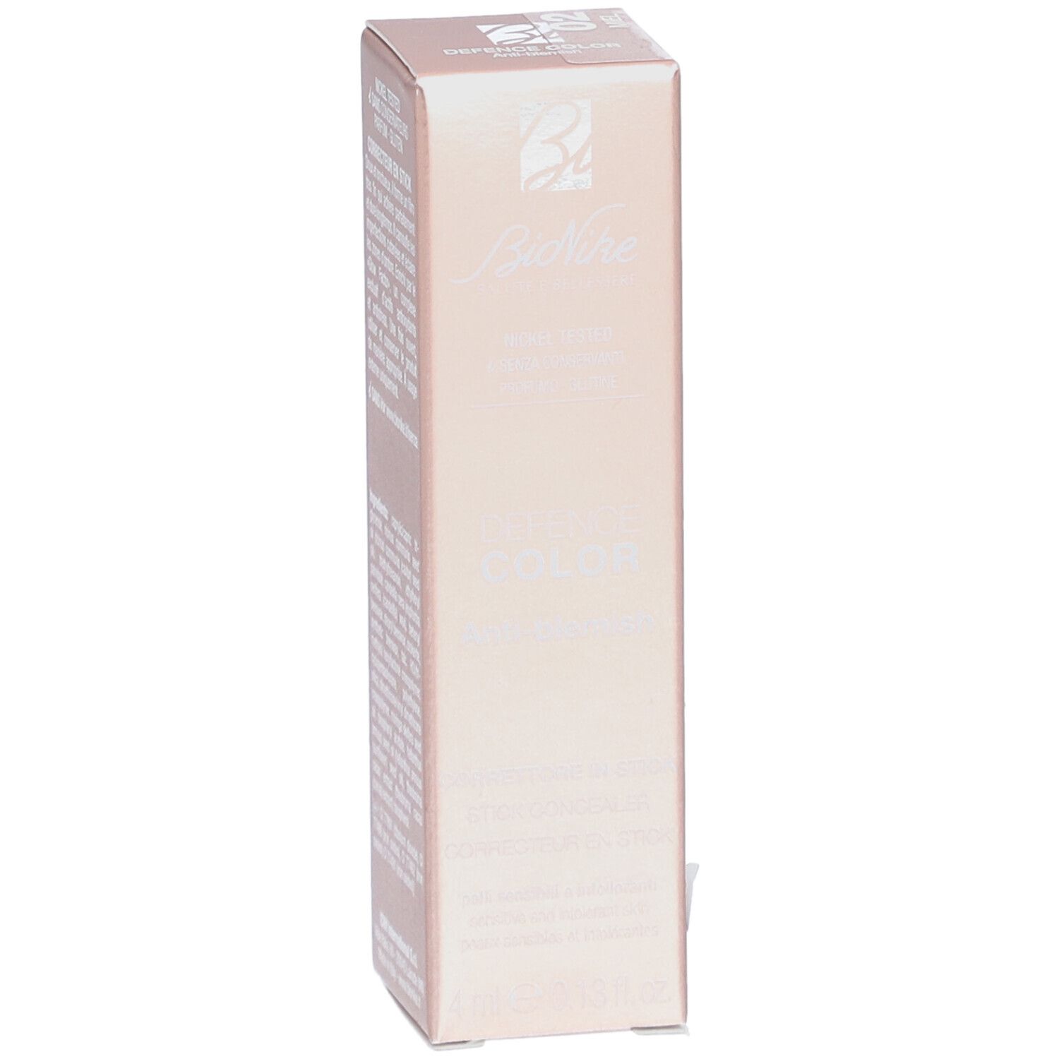 Emballage carton avec informations produit. Marque : BioNike. Produit : DEFENCE COLOR Anti-blemish. Texte : Corrector in Stick.