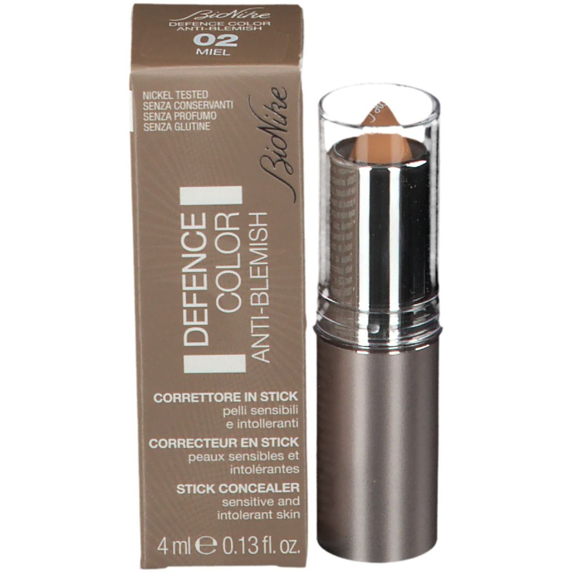 BioNike DEFENCE COLOR Anti-blemish Abdeckstift 02 Miel. Bâton et emballage. Texte : Corrector in Stick. 4 ml.