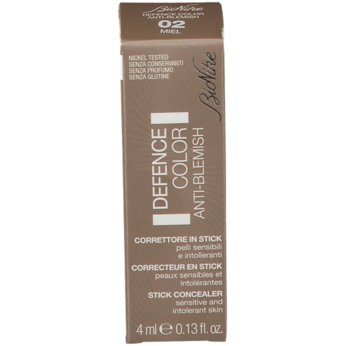 BioNike DEFENCE COLOR Anti-blemish Abdeckstift 02 Miel. Emballage. Texte : Corrector in Stick. 4 ml.