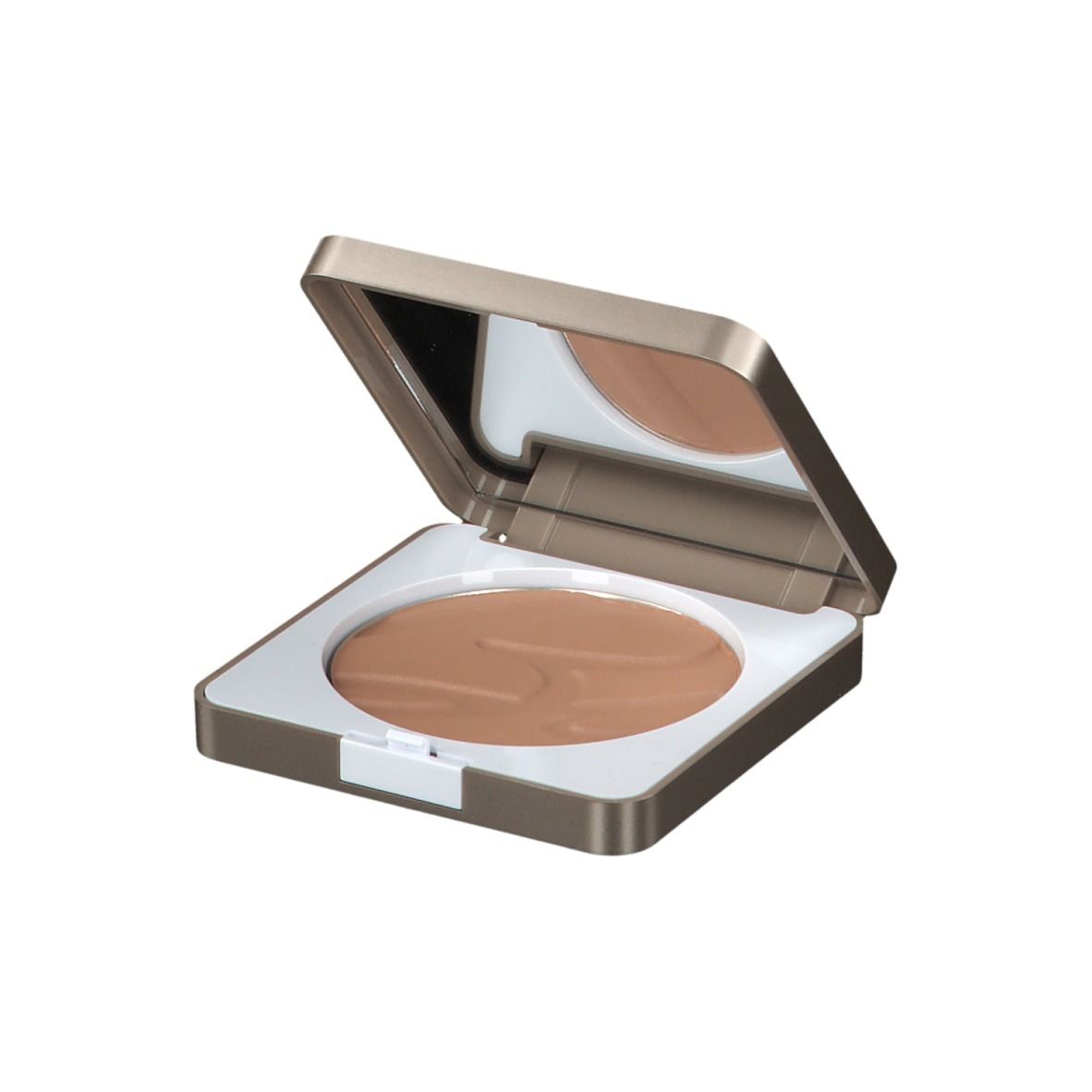 Vierkante bronzer, open. Spiegel in deksel. Lichtbruin poeder. Gouden doos.