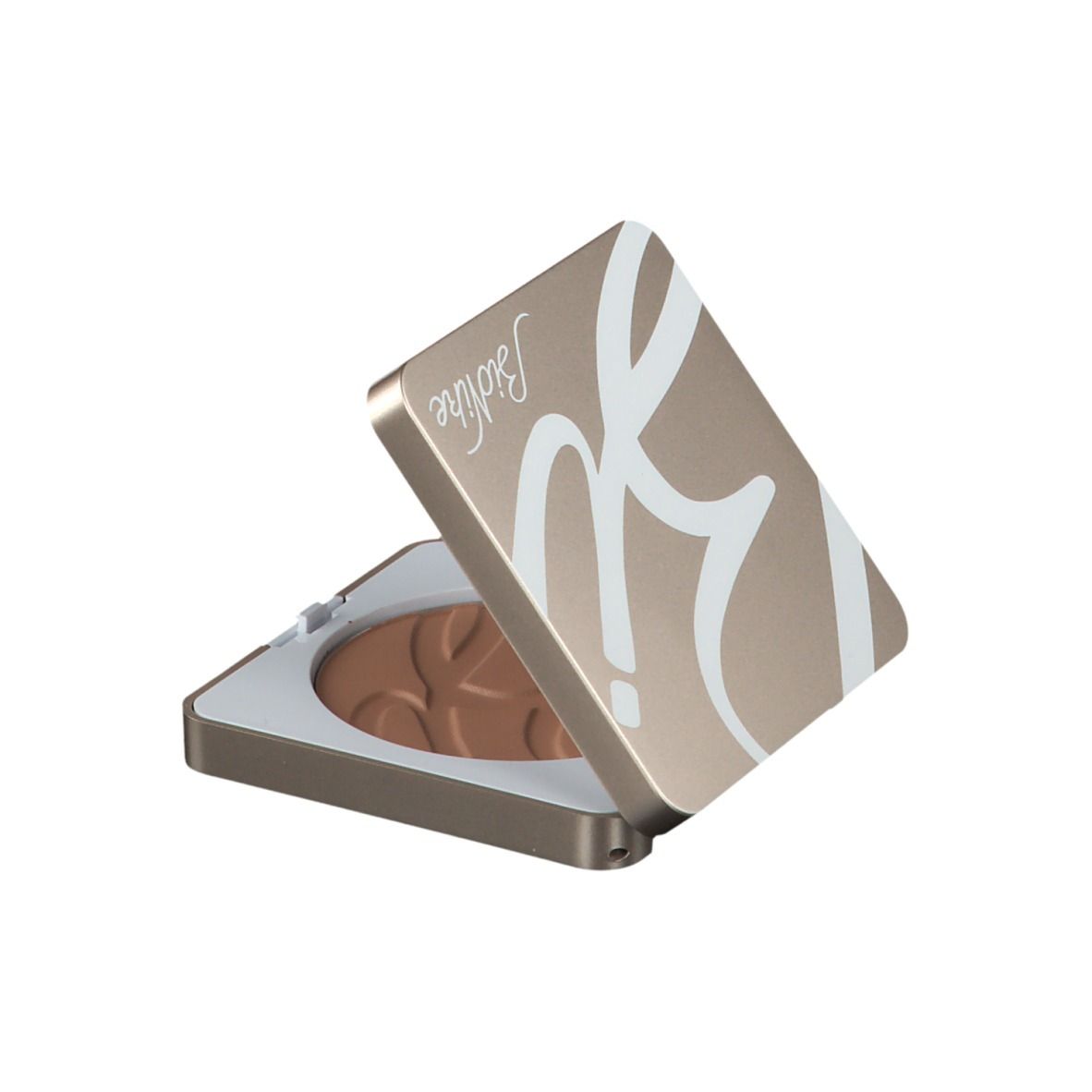 Open bronzer. Gouden deksel met witte tekst. Lichtbruin poeder. Vierkante vorm.