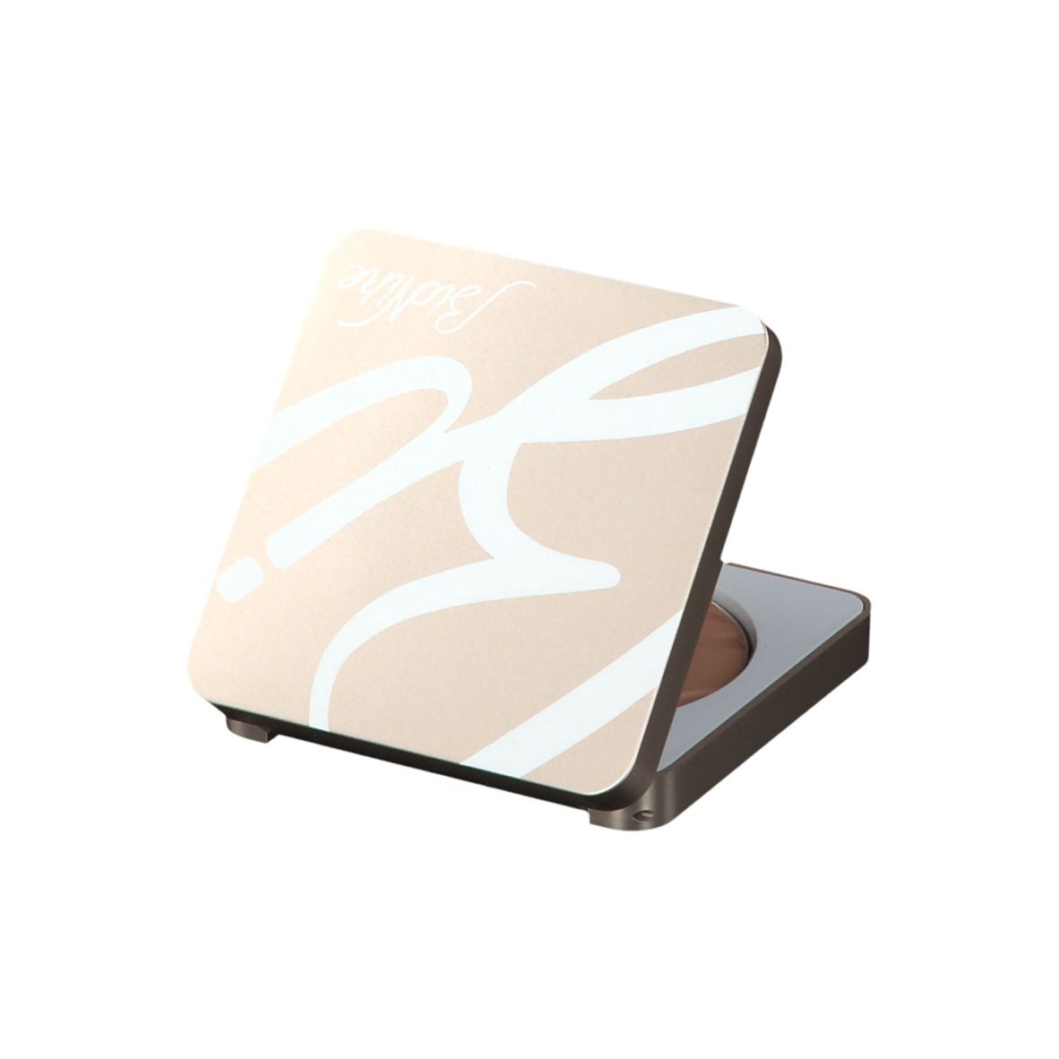 Open bronzer. Beige deksel met witte tekst. Lichtbruin poeder. Vierkante vorm.