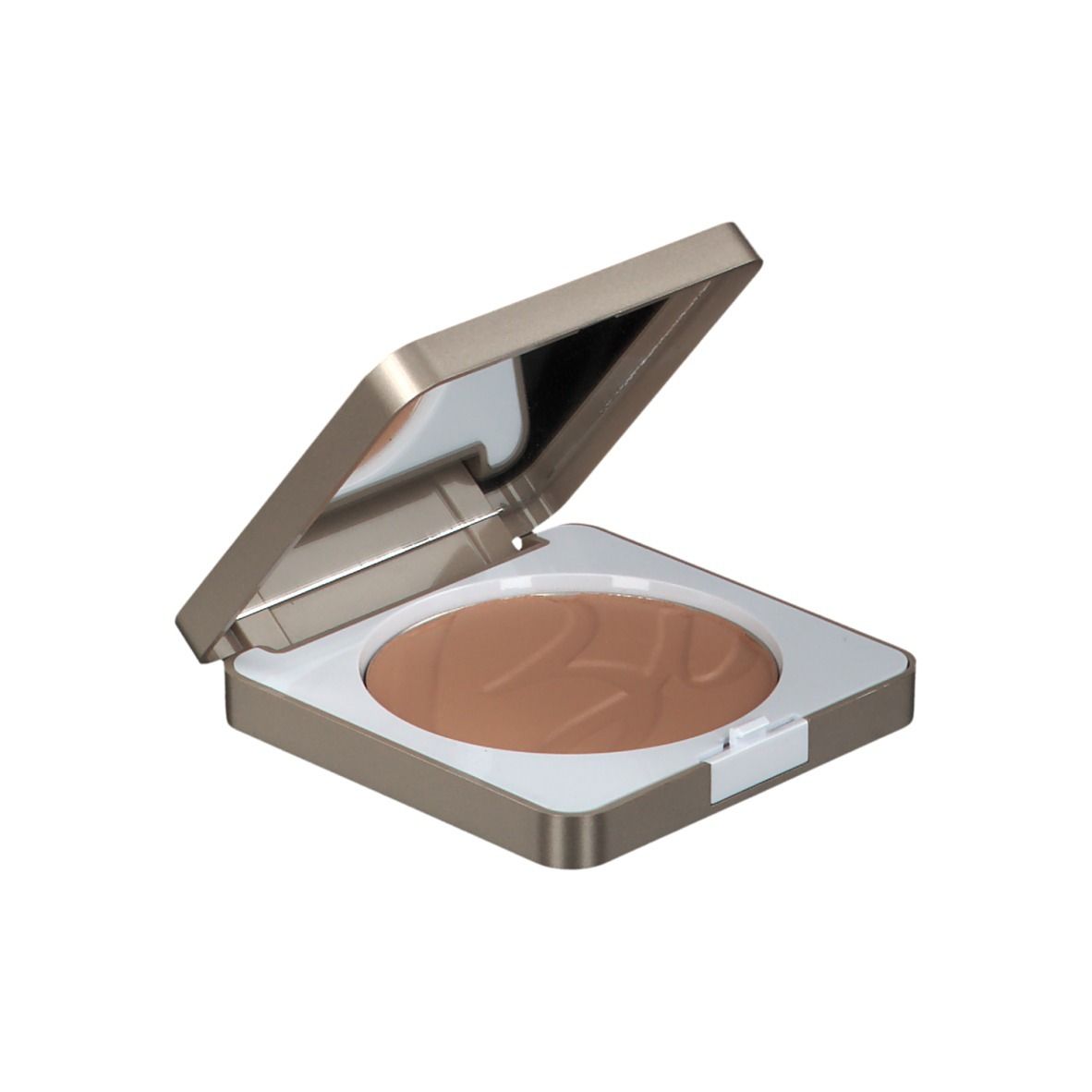 Vierkante bronzer, open. Spiegel in deksel. Lichtbruin poeder. Gouden doos.