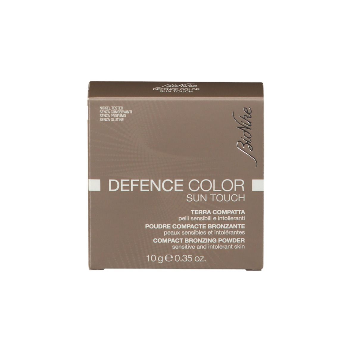 Bronzer verpakking. Lichtbruine verpakking met productnaam en tekst. Vierkante vorm.