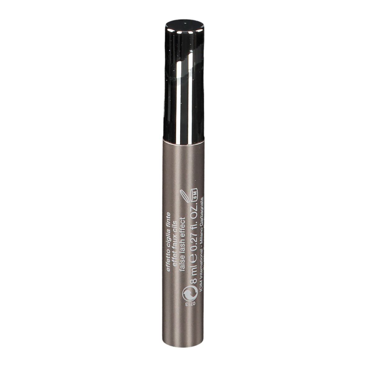 Tube de mascara avec bouchon argenté. Inscription: VOLUME MASCARA, effet faux cils. Marque: BioNike.